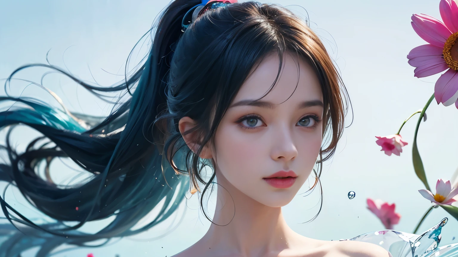 (masterpiece), (Highest quality), (Very detailed), (Disheveled Hair), (shape), (One Girl), (Fashionable clothes), Are standing, Fashion Model, Beholder, (interview), (Simple Background), Beautiful and beautiful eyes, Delicate and beautiful face, floating, (High chroma), (Colorful Splash), Colorful bubbles, (Shine), Focus on the face, ponytail, Light blue hair, bangs, Hair Ring, floating Flowers, floating Hairs, (The Shining), Best lighting, Best Shadow, Big, firm, swaying breasts