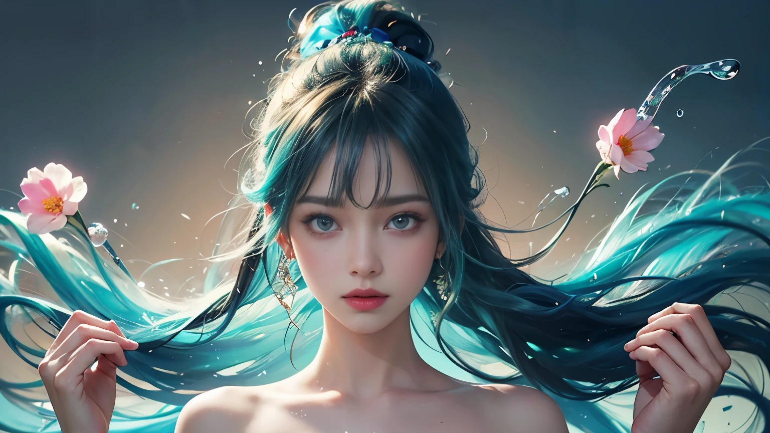 (masterpiece), (Highest quality), (Very detailed), (Disheveled Hair), (shape), (One Girl), (Fashionable clothes), Are standing, Fashion Model, Beholder, (interview), (Simple Background), Beautiful and beautiful eyes, Delicate and beautiful face, floating, (High chroma), (Colorful Splash), Colorful bubbles, (Shine), Focus on the face, ponytail, Light blue hair, bangs, Hair Ring, floating Flowers, floating Hairs, (The Shining), Best lighting, Best Shadow, Big, firm, swaying breasts