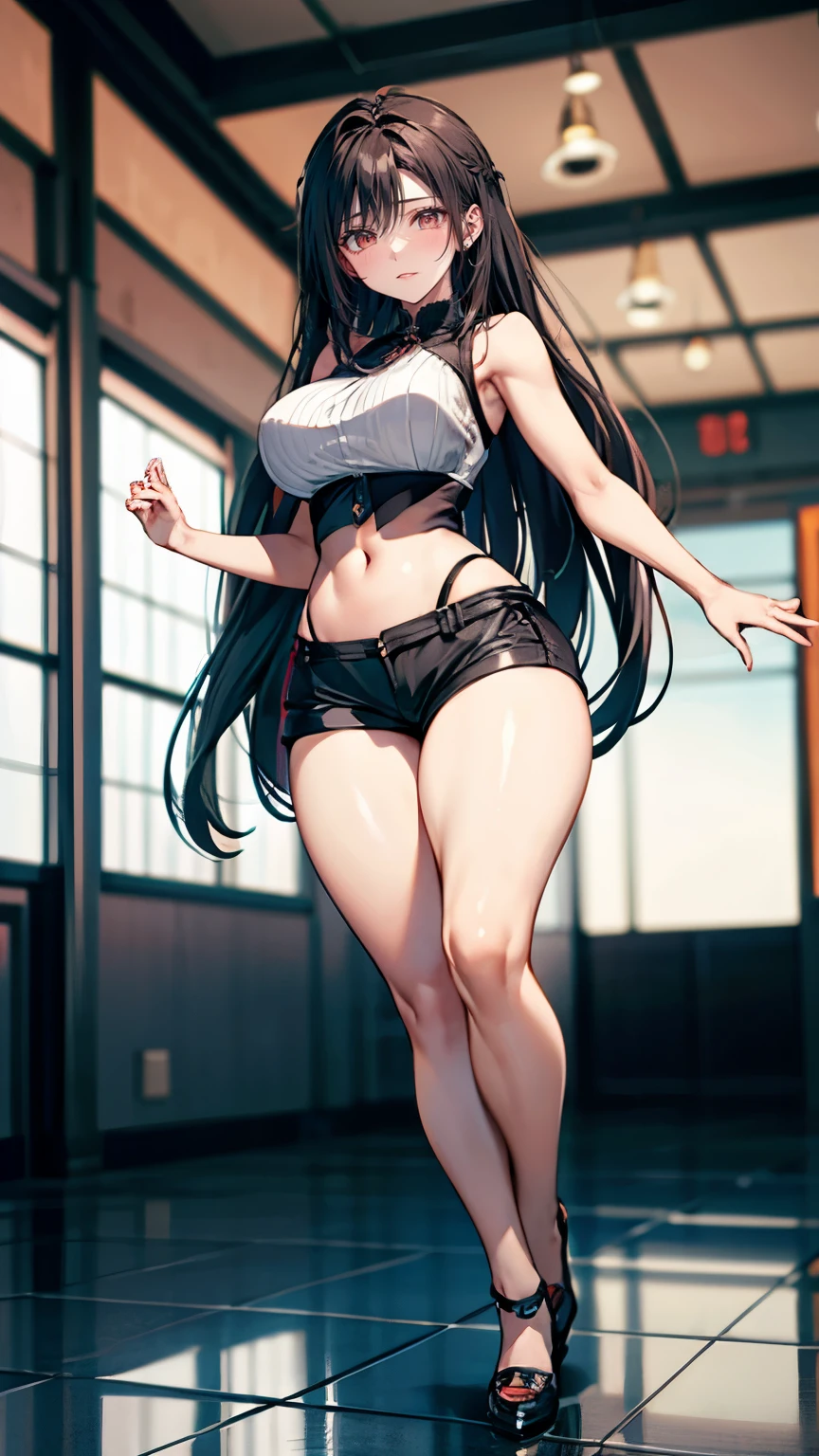 beautiful girl、Fighter、Black Hair、long hair、Big Breasts、sexy、Sexy、A gentle smile、Racy leotard、High leg、Wristband、Gloves、Long shoes、canvaat、On the Ring、Match in the ring、venue、The whole body is visible、Abdominal muscles、one person、Standing on one leg、I'm getting a high kick、High kick pose