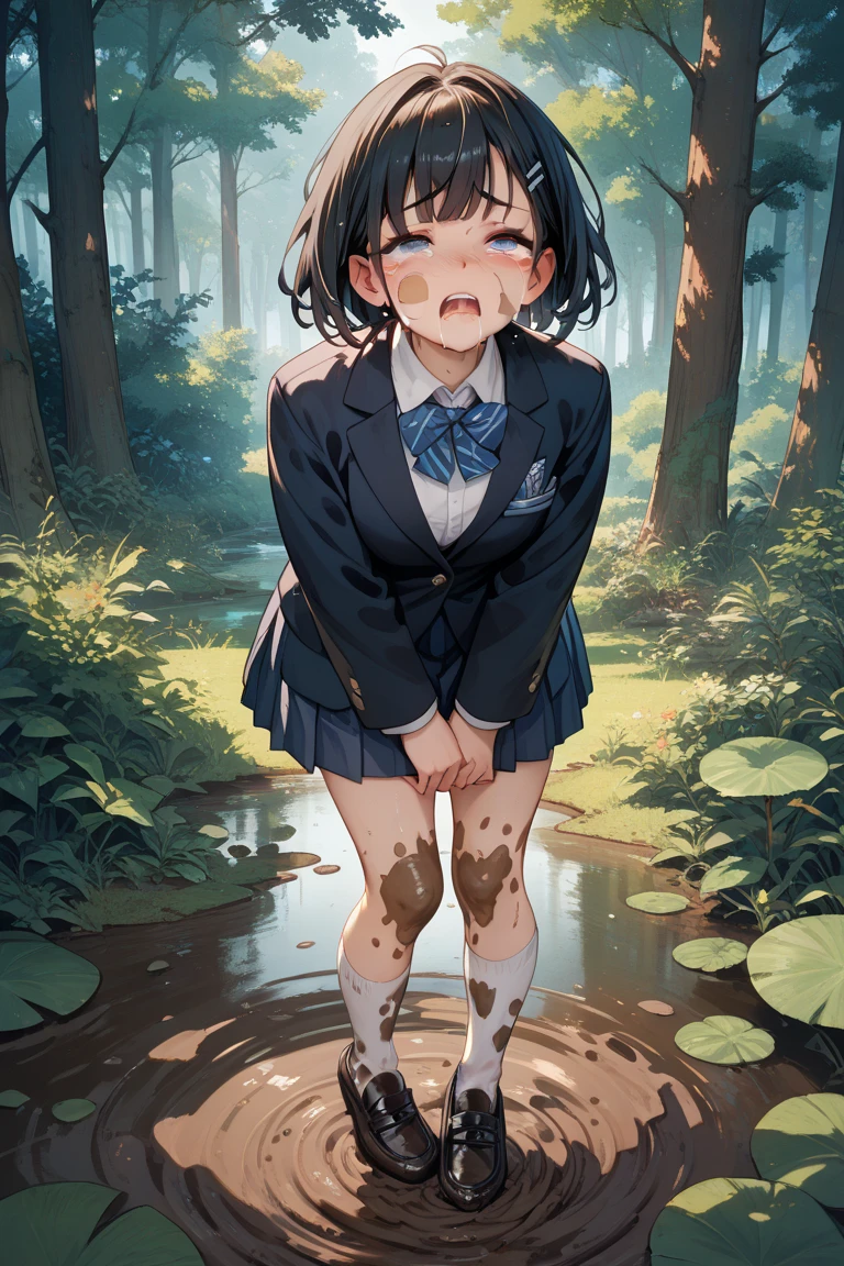 (masterpiece, highest quality), Intricate details, One girl, Squat， Embarrassing, anger, Glare, Blushing，incontinence，Thin yellow liquid spurting out from under her legs，A thin yellow puddle at my feet，In the grass,Black stains on underwear，Urinating，Wearing shoes,Alley,Peeing,A thin yellow dripping from the underwear