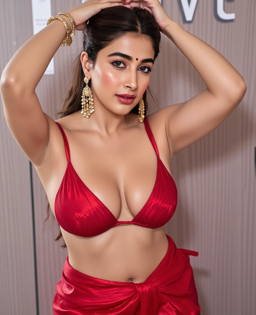 close up photo of 30 years old pooja hegde, on river bank, showing breasts, deep cleavage, look at camera, black and red saree, French braid hair, 4K, HD