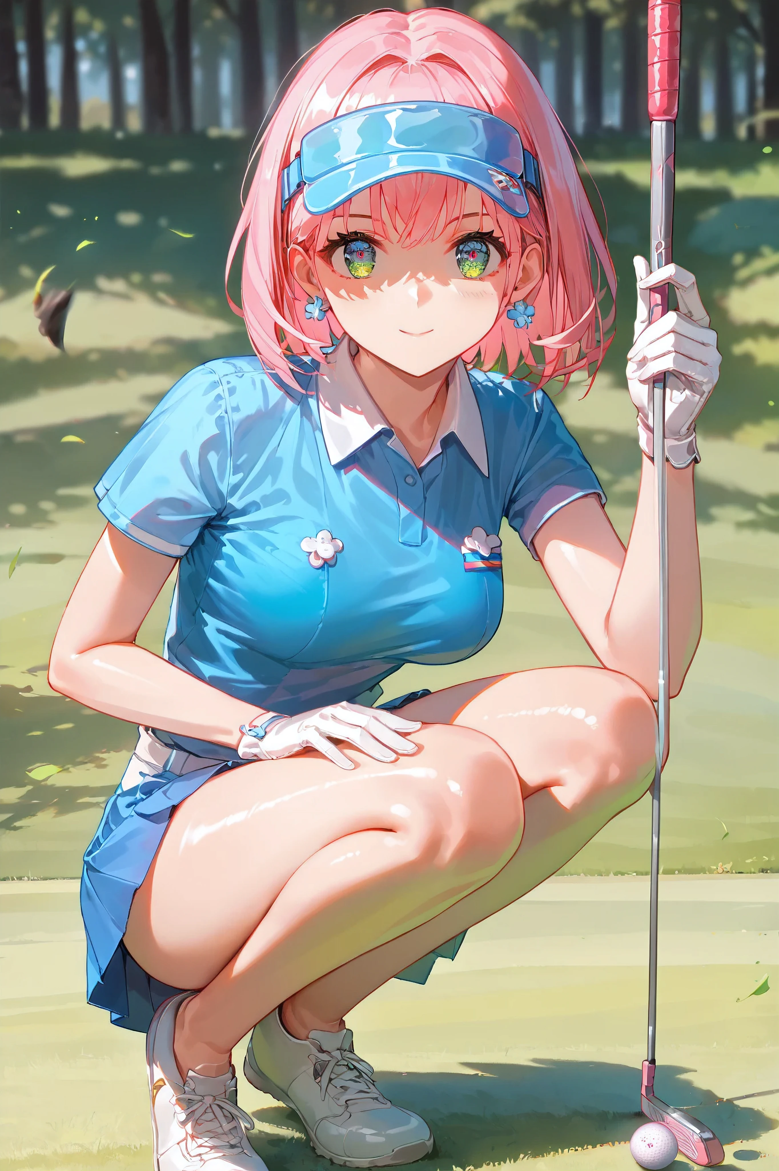  score_9,  score_8_ excellent,  score_7_ excellent, source_Anime,  high resolution images, Masterpiece, top quality, girl, cute face, beautiful skin, shiny hair, with very elaborate eyes, Rainbow Eyes ,  bright pink hair tied on the left and right,  Jojibān, 
NSFW ,  standard breast size ,  She's standing , ((She is wearing a light blue polo shirt , She is wearing a white mini pleated skirt)) , (((She is wearing a white golf visor))) , Short Hair, (( from knee to head)), She holds golf clubs with both hands, ((She's hitting a golf ball)),  golf course 



