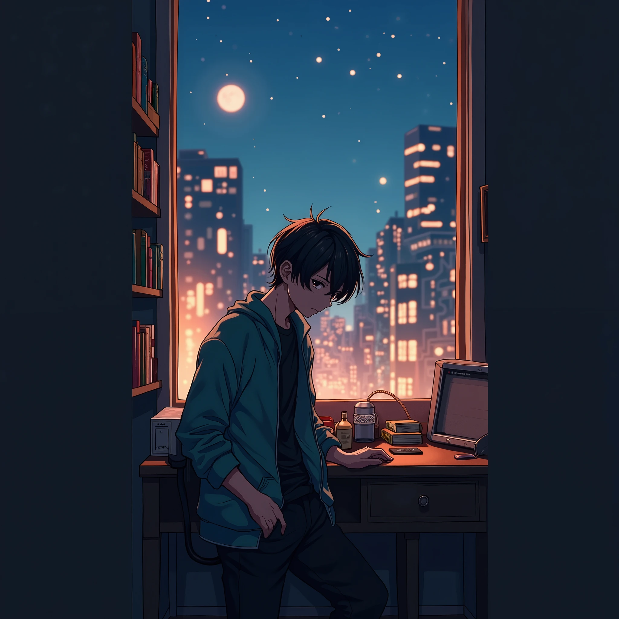 An anime-style scene featuring a confident boy in his room, standing in a relaxed yet cool pose. He has one hand casually tucked into the pocket of his black jeans, while the other rests on the back of his neck, exuding a laid-back, self-assured vibe. His black outfit—a fitted jacket and matching shirt—contrasts with the warm, cozy lighting of the room. His hair is slightly tousled, with a few strands catching the soft glow of the room's light, and his eyes are focused forward, showing determination and confidence.
The room is filled with personality, featuring anime posters on the walls, showcasing his interests. A desk in the background is cluttered with books, a laptop, and a small figurine, adding a lived-in feel. A large window reveals a serene night sky outside, with a glowing moon and faint stars, casting a soft, magical light into the room. The atmosphere is warm and inviting, with a subtle anime-style bloom effect enhancing the dreamy, painterly aesthetic. The scene is highly detailed, with vibrant colors and a Studio Ghibli-inspired touch, capturing both the boy's confidence and the cozy, personal space of his room. Aspect ratio: 16:9 (landscape) or 9:16 (portrait). High quality, 4K resolution.