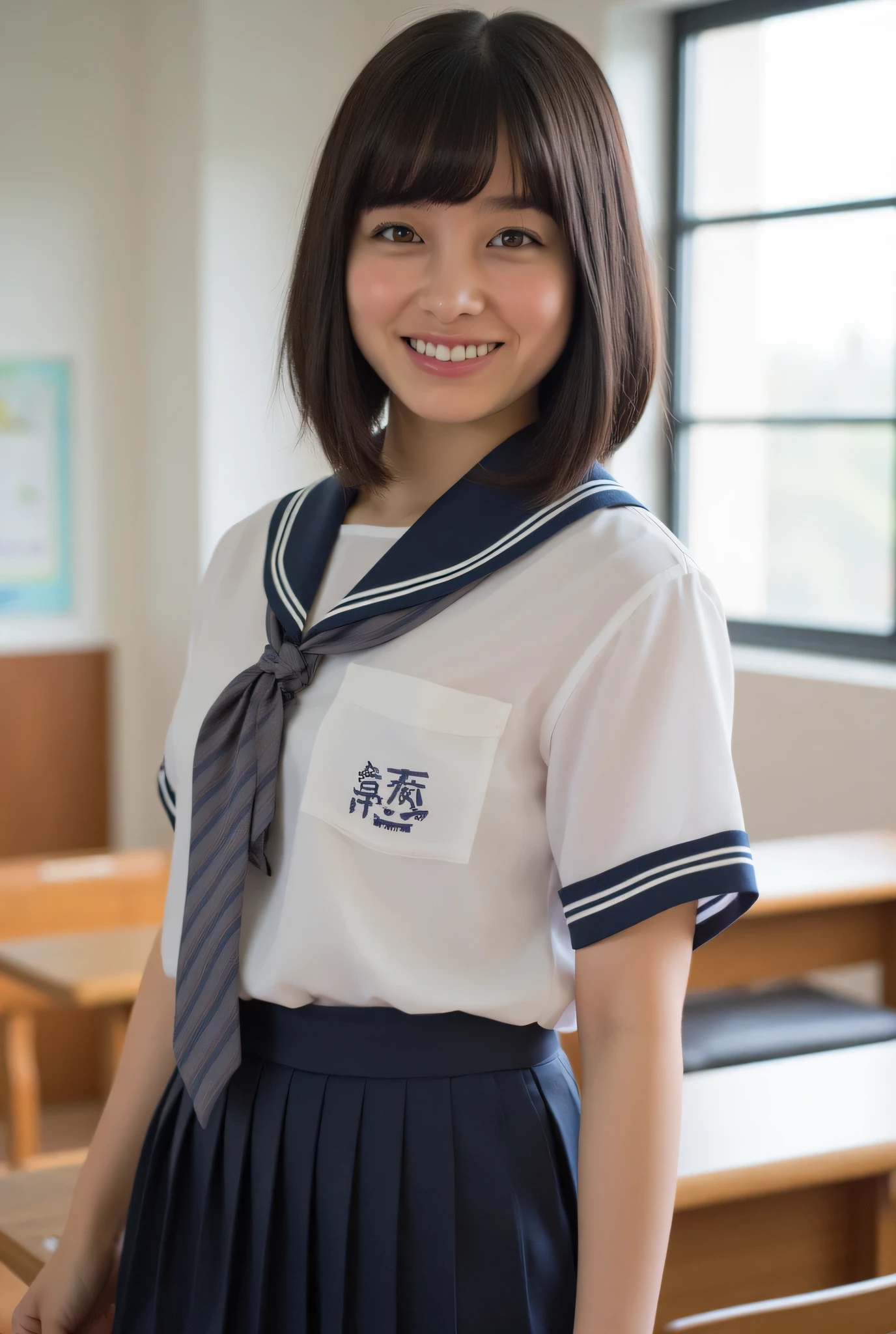 ((((( high school girl、 school uniform)))))、smile、( Dark Hair with Short Bob ), upper body, school classrooms、、 big breasted、 I lifted my clothes and showed my nipples in Japanese  classrooms 、  Viewers are happy to see my nipples 