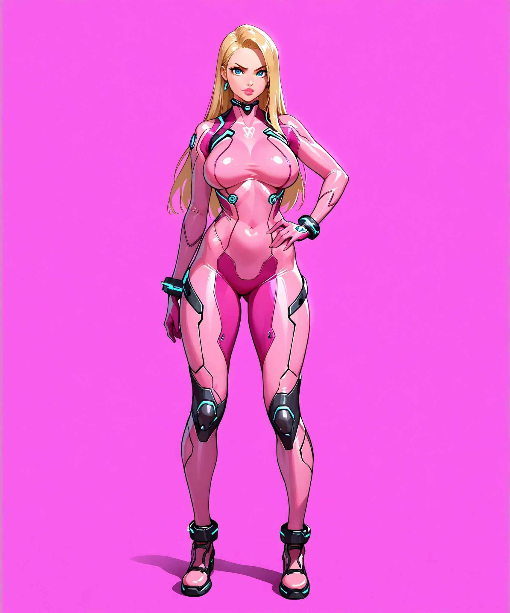 (Highres) (Detailed illustration) Ultra-detailed, blue eye color, Asuka Koukawa, hime hair, straight bangs, very long hair, ginger hair, teen, visible muscles, athletic body, toned abdomen, thick arms, mechanical limbs, mechanical arms, oppai, large breasts, very long hair, ninja, pink opaque bodysuit, shiny latex bodysuit, detailed latex bodysuit, full body, smug, smug expression, dramatic lighting, posing for profile, detailed face,