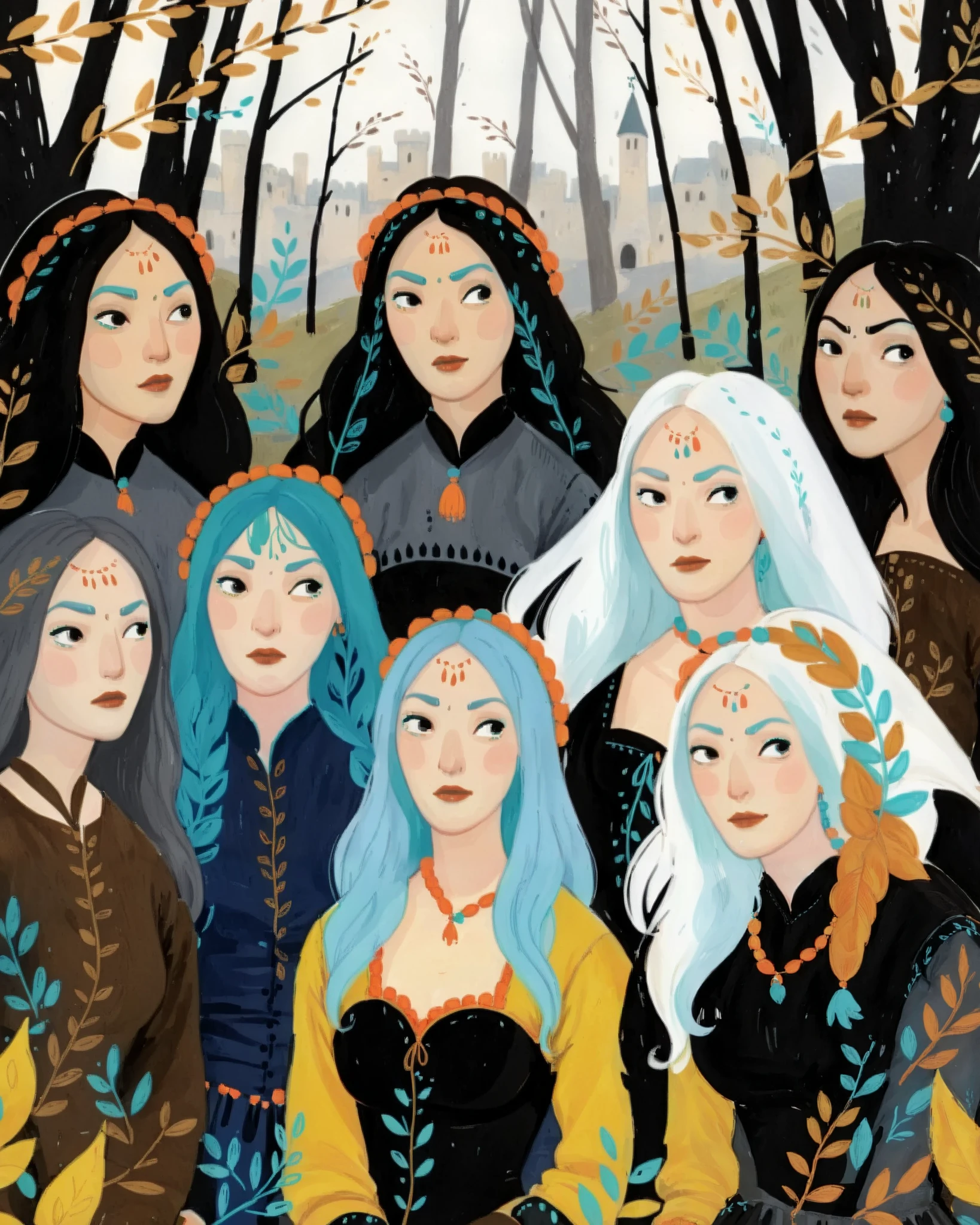 score_9, score_8_up, score_7_up, score_6_up, score_5_up, score_4_up, 1_woman, brow hair, expressive face, long_hair, wearing a vibrant long peasant medieval dress, detailed clothing, sketches, detailed thick gouache painting, illustration, in gougoupaintleaves style:1.5, hyper_dynamic scene, pov from above, sattan style, XLCOMIC_POS, novuschroma04 style