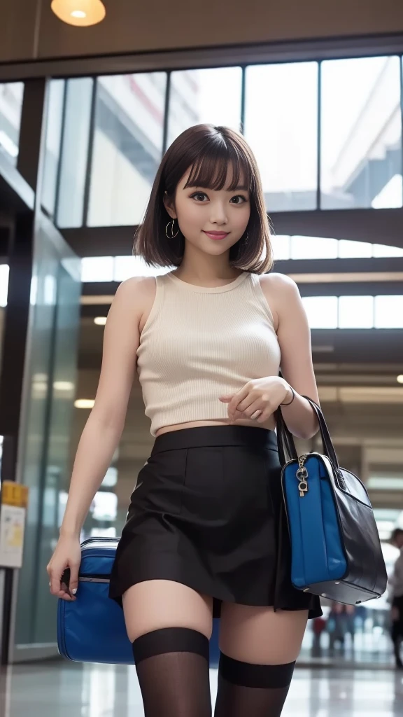 ((Best quality, 8k, Masterpiece: 1.3)), Sharp focus: 1.2, (1 AESPA girl: 1.2), beautiful face girl with cellphone, cute face, age 24, small breasts, flat chest, brunette short messy hair, walking, white shirt, camisole, skirt, airport, terminal, station, sunlight, kindness, cinematic lighting, (8k, masterpiece, best quality, raw photo)
