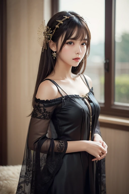 ((top-quality、masterpiece:1.3))、sharp:1.2、Perfect Body Beauty:1.1)、Highly detailed facial and skin texture、Detailed eye、Fantasia、(Pure black dress:1.3)、(chains:1.3)、二重まぶた、((Longhaire:1.5))、(dark brown hair)、(well-groomed bangs:1.2)、((One Woman))、fantasy castle、tying hair、Black Princess、darkened room、Darkness Falls、The Princess Who Turned Evil、Fallen into evil、Evil Princess、a necklace、Luxurious ornaments、