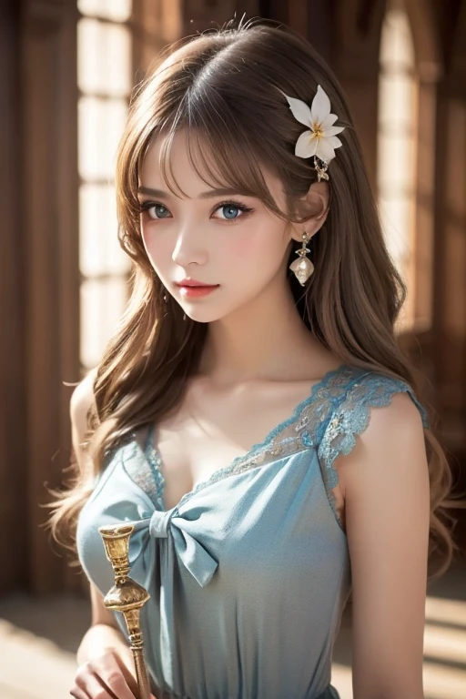 A young woman with long, wavy pastel-colored hair sits gracefully, dressed in an elaborate, fantasy-themed gown. The gown features a mix of soft pastel colors, including pink, blue, and lavender, adorned with sparkling embellishments and a large bow at the bust. She has a pair of large, fluffy cat ears on her head, matching her soft, fluffy tail. Her eyes are large and expressive, with a gentle and inviting expression. The scene is softly lit with a magical, dreamy ambiance, highlighting her smooth skin and the intricate details of her outfit. She wears delicate jewelry, including a butterfly hair clip, adding to the whimsical nature of her appearance. The background is soft and blurred, enhancing the ethereal feel of the image.