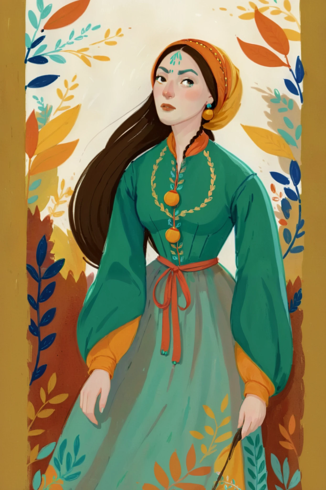 score_9, score_8_up, score_7_up, score_6_up, score_5_up, score_4_up, 1_woman, brow hair, expressive face, long_hair, wearing a vibrant long peasant medieval dress, detailed clothing, sketches, detailed thick gouache painting, illustration, in gougoupaintleaves style:1.5, hyper_dynamic scene, pov from above, sattan style, XLCOMIC_POS, novuschroma04 style