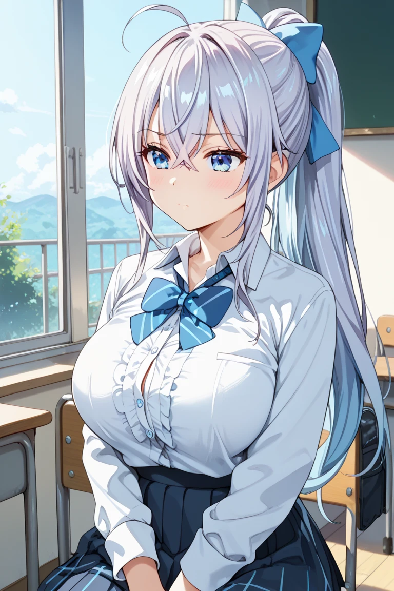 (silver hair blue eyes girl), (huge breasts:1.2), (school uniform:1.5), (smug:1.2)