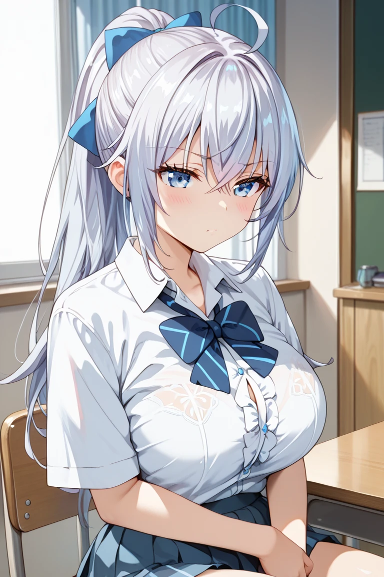 (((masterpiece))), ShizukaMikazuki, One Girl, alone, View your viewers, Long Hair, Gray Hair, Long sleeve, Cleavage, Large Breasts, Mature Body,clavicle,, blue eyes, High Ponytail, The look of temptation,Embarrassed face, Japanese high school student’s uniform, White blouse, big Chest ribbon,Navy blue mini skirt, Navy blue head ribbon,Classroom at Dusk, Close-up of a face