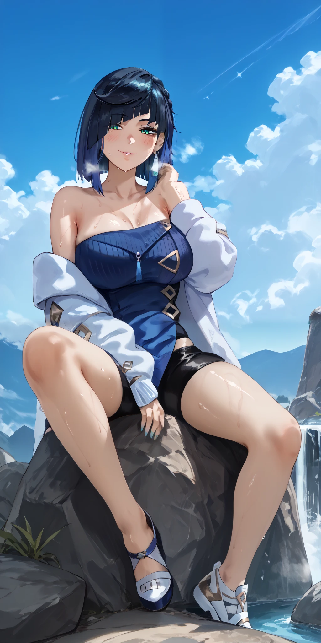 Ice bird, large breasts (G size), ice bikini, ice wings, light blue hair, dark blue eyes, boots made of ice, ice flowers on hair, ice choker, blue snow coat