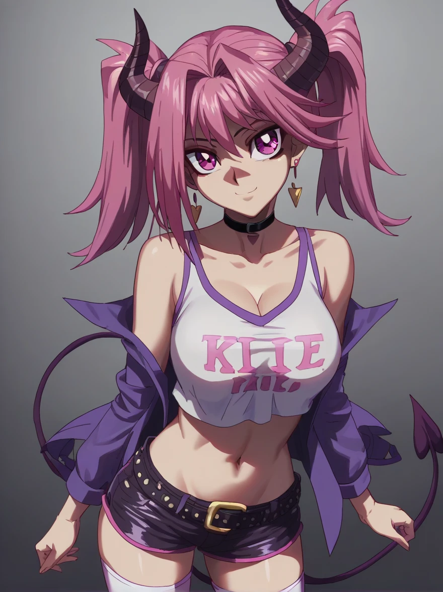 score_9, score_8_up, score_7_up, score_6_up, score_5_up,
1girl, solo, , tail, pink_hair, horns, demon_tail, shorts, jacket, twintails, large_breasts, smile, looking_at_viewer, long_hair, navel, choker, black_background, pink_eyes, short_shorts, belt, demon_girl,  pink_jacket, demon_horns, simple_background, tank_top, open_jacket, cleavage, black_shorts, open_clothes, thighhighs, off_shoulder, bare_shoulders, closed_mouth, head_tilt, hair_between_eyes, cowboy_shot, jewelry, micro_shorts, collarbone, black_choker, white_thighhighs, crop_top, bangs, earrings, clothes_writing, shirt, midriff, standing, see-through, contrapposto, long_sleeves
 
