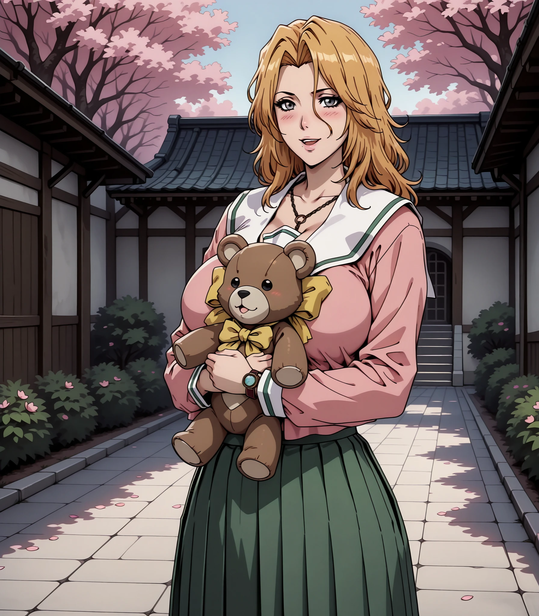 score_9, score_8_ up, score_7_ up, score_6_ up, score_5_ up, score_4_ up,
cowboy shot,
one woman standing upright on the floor, Alone, 20 years old, less eye blow, mature,
highly detailed eyes, perfect eyes:1.1,
top quality, Details, latest, AI-generated, ultra high resolution, (petites:0.7), gray eyes,
curvilinear, Anatomically Correct , Detailsな肌, ( big breasts:0.7), garden, cherry blossoms, Watch Viewers , rangiku Matsumoto, orange hair, long hair, gray eyes, serafuku, pink shirt, green pleated skirt, standing, Smile, blush, holding teddy bear, open mouth,