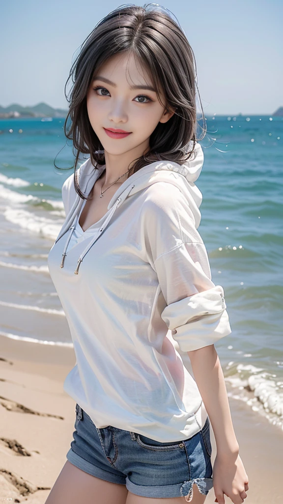 best resolution,Wearing a white hoodie blowing in the wind in the clear blue sea、woman wearing thong panties、Looking up from below, panties and ass visible, standing on the waves。her hair is long、shine white、cute hairstyle