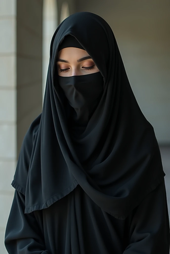 A beautiful Asian girl in a long hijab with tight and clearly visible breasts, In tight black clothes, was raising both hands , and good quality images
