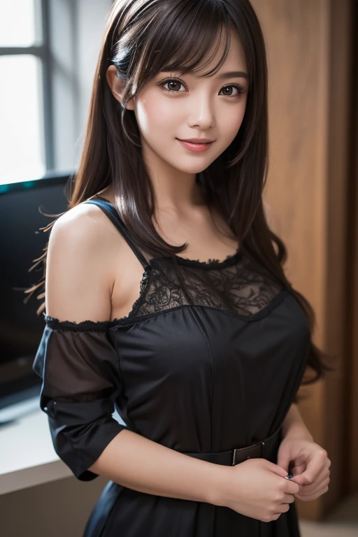 Best-quality, Masterpiece, Ultra-High-Resolution, (Photorealistic:1.9), Raw-Photo, Extremely-Details, Perfect-Anatomy, 1girl, -yeld, thost popular Japanese idol, (wearing dress with cute-design), sitting on sofa at home, looking at viewer, innocent-smile, ((extremely cute face like the most famous Japanese idol, ((extremely beautiful big-black-eyes)), extremely beautiful hair)), extremely beautiful skins, extremely beautiful long-eyelashes, extremely beautiful lips, extremely beautiful shoulders, extremely beautiful short-body, extremely beautiful thighs