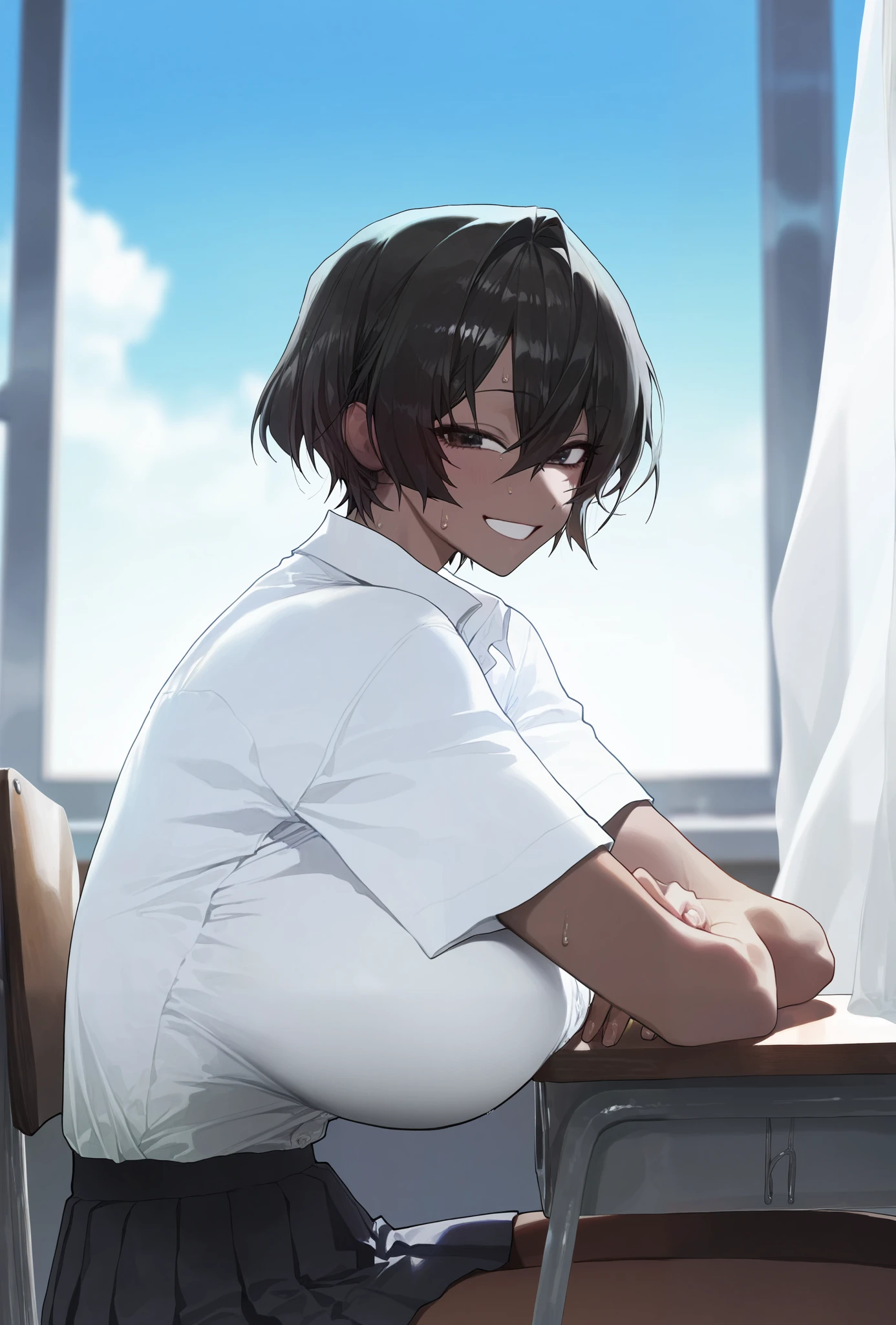 1girl, modare, pigeon666, dark skin, school girl, cute face, smile, white shirt, sweat, very huge breasts, short hair, black hair, from side, looking at viewer, plump, sitting on chair, desktable, arm rest, sitting close to window, classroom, white curtain, blue sky, chiaroscuro lighting, moody color palette , deep contrast, depth of field, cinematic, masterpiece, best quality, good quality, newest