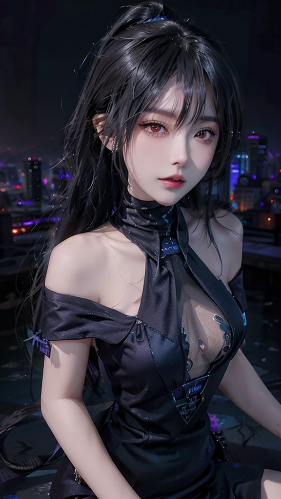 hair above one eye, red eyes, clear eyes, choker, open jacket, towards the wall,shining grafiti, shineing tattoos, shine, neon light, Black light,anime style, movie portrait photography, 1 female, 22 years ago, Full body Esbian,Blue eyes background, big and full breasts, Anger, (scarlet colored hair), long hair, purple eyes, wearing a short black dress, (natural skin texture vivid details, surreal, (realistic detailed eyes, natural skin texture, realistic facial details), soft and dramatic lighting, Depth of written boundary, bokeh, vivid details, surreal, 35mm movie, hazy blur, movie,lipstick, ear piercing, eye shadow, hoop earrings, Red-pink lips, Multicolored red eyes, purple theme,Wear an iridescent aura,beautiful eyes,stand in front of the red gate、bold pose、decide on a pose,upper ponytail,Hanging bangs,sit