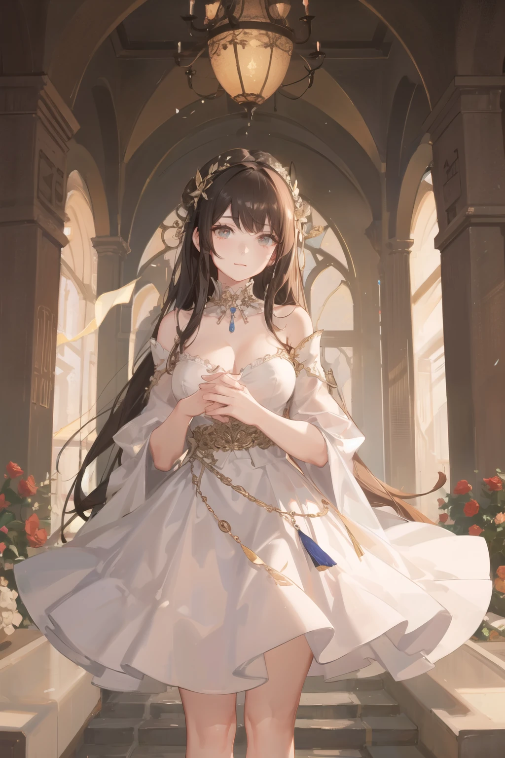 high resolution、Princess of Diamond Kingdom。Neat and clean、There is an air of adult elegance、With diamond tiara、Gorgeous diamond necklace、Luxurious white dress、Fantasy、like medieval europe。