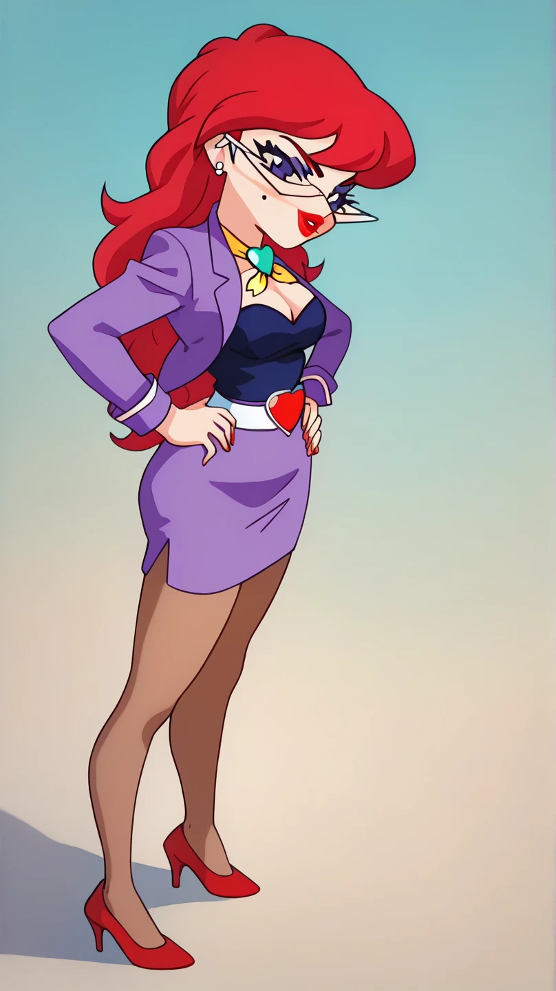 1girl, sexy, white skin, anime woman, happy, glowing green eyes, extremely short glowing orange hair, wearing a suit, full body