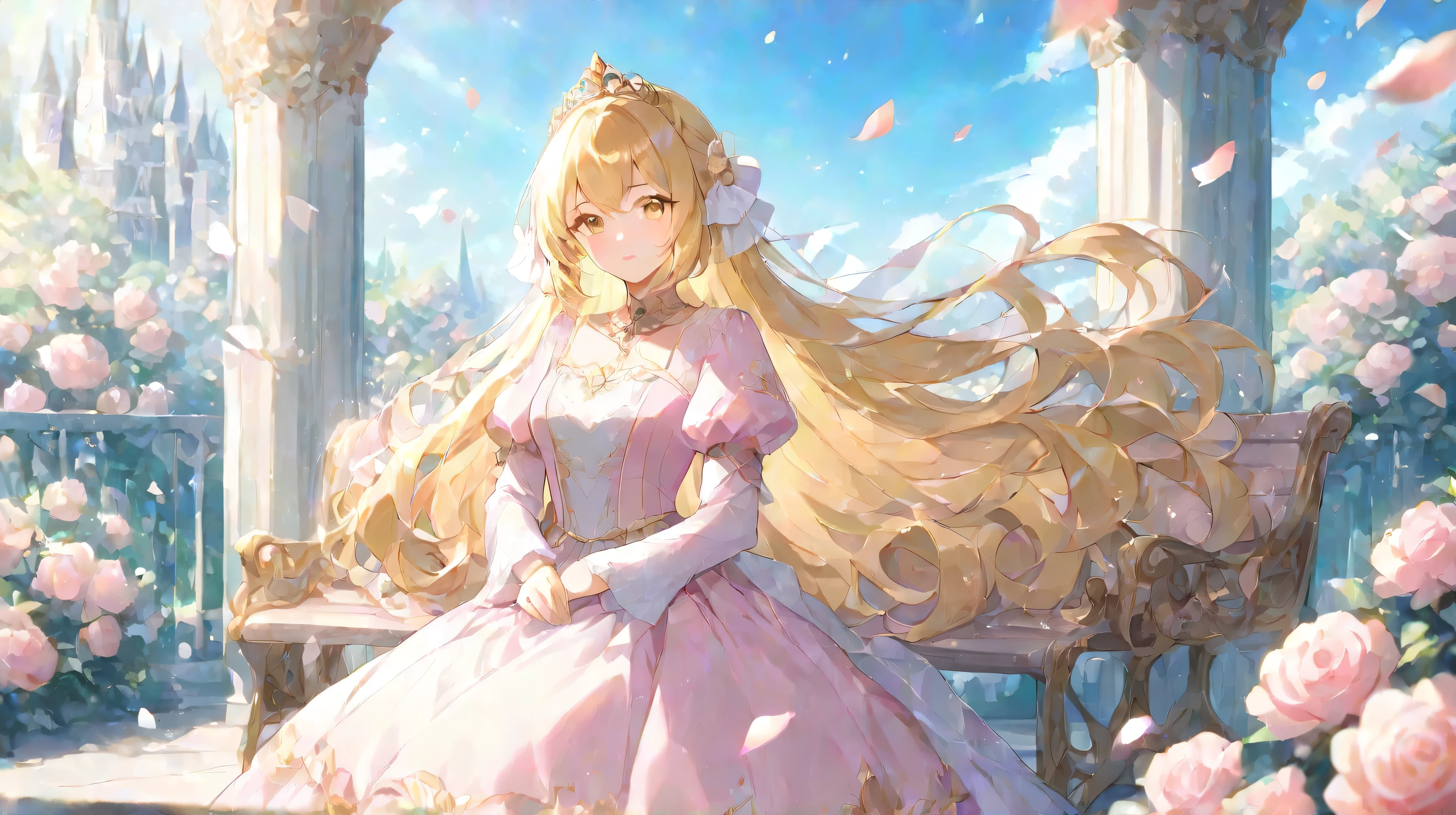 Elegant anime-style princess with long golden hair, wearing a pink ruffled dress and a golden tiara. She sits gracefully on a bench in a royal garden, surrounded by roses and floating petals. A grand fantasy castle with tall spires stands in the background under a bright blue sky. Soft sunlight enhances the dreamy atmosphere.