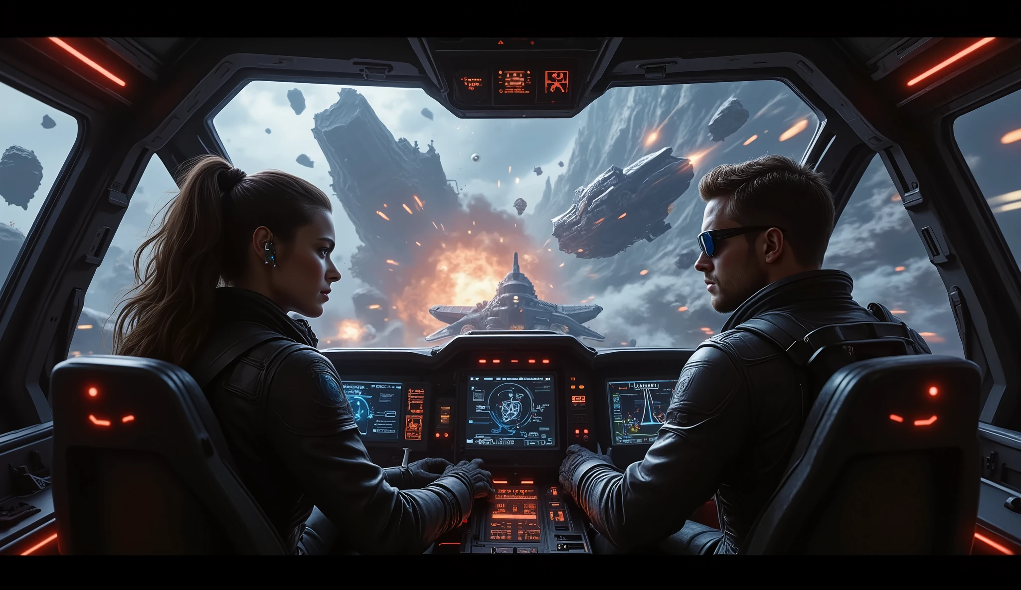 Inside the dimly lit cockpit of the rebel starfighter, flickering red warning lights cast a tense glow on the faces of its crew. Elara Voss grips the controls with unwavering focus, her sharp blue eyes darting between the chaotic battlefield outside and the tactical display inside.
Dr. Mira, clad in her reinforced tech-suit, leans over the ship’s holographic interface, her silver-lensed visor flashing as streams of real-time gravitational data cascade before her. Her fingers dance over the controls, rerouting energy to the sensors, scanning for an escape path through the shifting maze of asteroids.
Captain Doran, his expression set in grim determination, monitors the enemy’s movements on a secondary display, barking out positional updates. A sudden impact shakes the ship violently—a near-miss from a plasma explosion, its fiery glow reflecting off the canopy glass.
Outside, the asteroid field churns like a chaotic storm, massive space rocks colliding and sending molten debris spiraling. Through the madness, Mira spots a momentary gap—a path barely wide enough for their ship. With urgency in her voice, she relays coordinates to Elara, their last hope of survival against the relentless pursuit.
Style: Hard Sci-Fi, High-Stakes Tension, Cinematic, High Detail
Lighting: Mix of dim cockpit lights, glowing holograms, and flashing battle lights
Resolution: 4K, Hyper-detailed, Realistic Space Art, Immersive Perspective