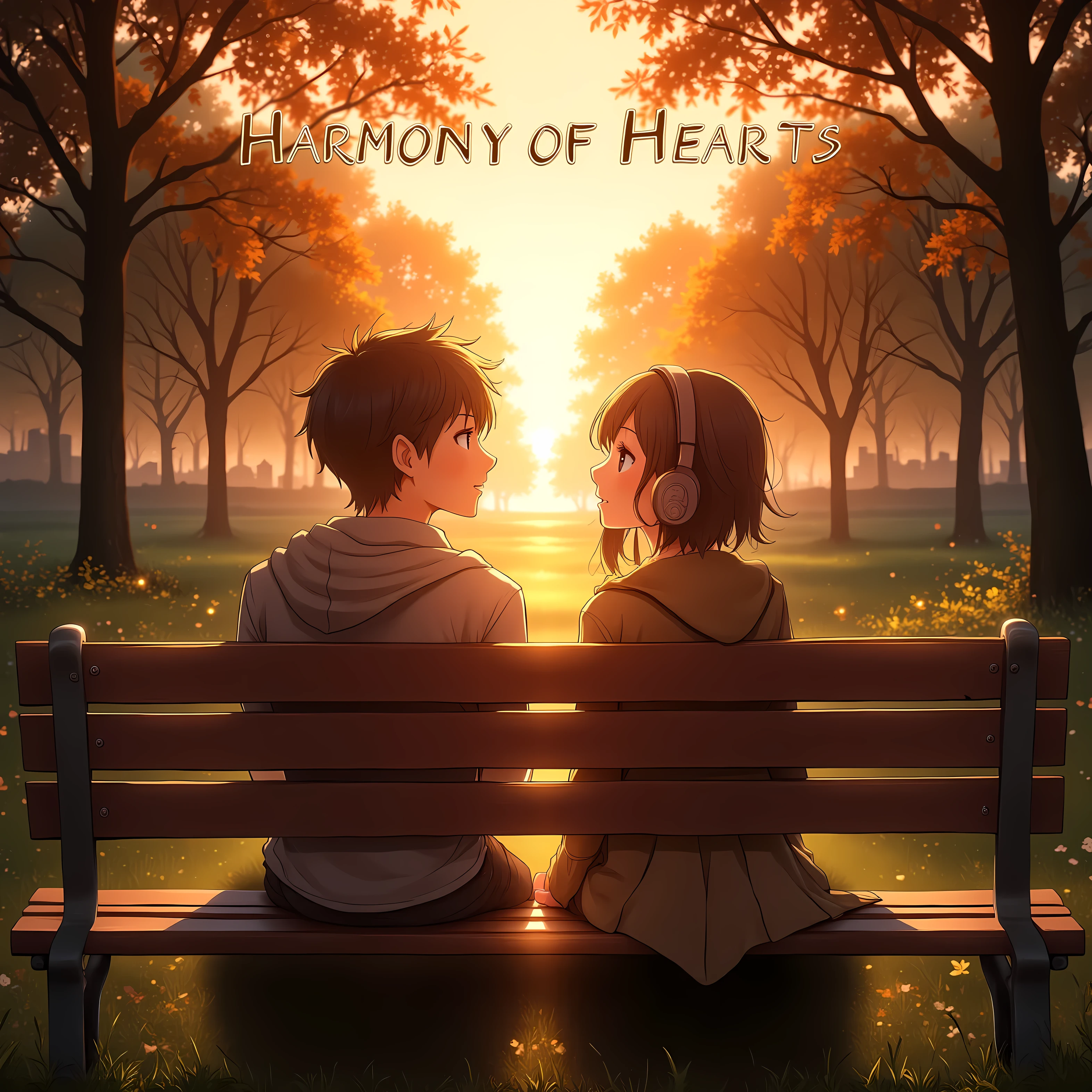 High-detail anime-style illustration of two people, seated side by side on a park bench at sunrise, sharing a pair of headphones, eyes closed, lost in music. The warm morning light reflects on their faces, symbolizing hope and emotional connection. Behind them, trees sway gently, with soft rays piercing through the leaves, creating a serene, realistic ambiance. The title "Harmony of Hearts" is placed elegantly at the top in modern, clean typography. The characters display subtle, genuine expressions of peace and unity. The colors are warm and natural, drawing attention in a thumbnail view. 1:1 aspect ratio.