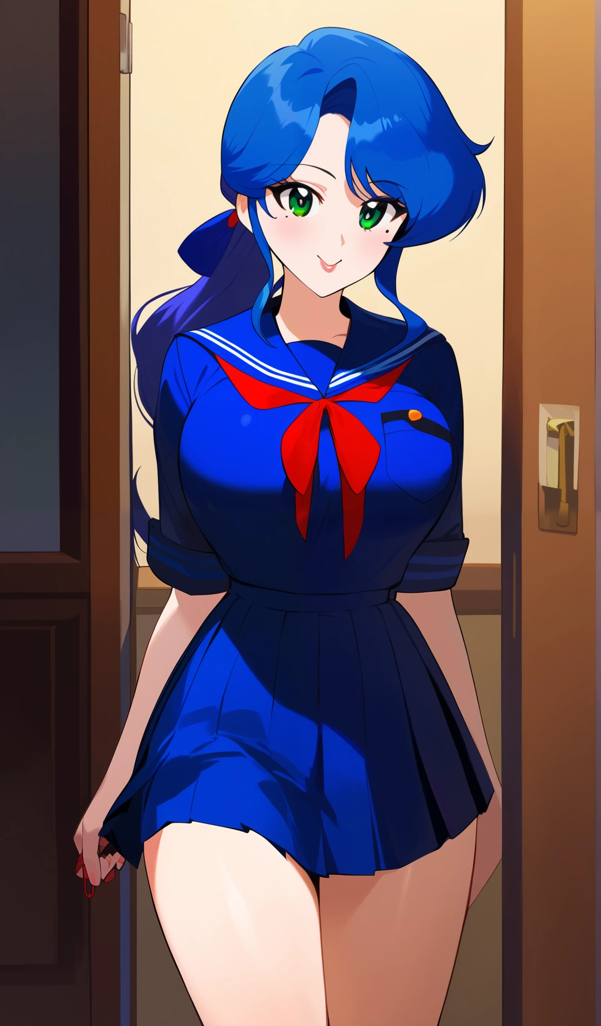 Young woman drawn in 80’s anime art style.
Retro anime. Vintage Anime. Classical Anime.
She has long and wavy ponytail blue hair, green eyes, full lips, and a beauty mark located under the right side of her mouth. She is well known for her curvaceous figure of which her most distinctive trait is her very large breasts. She has a sinister smile.
Meanwhile she is also visiting a High School!
She is wearing a sailor fuku (セーラー服, sērā fuku, sailor outfit) is a common japanese style of uniform worn by women, traditionally by high school female students.
The uniform generally consists of a sailor-styled blouse attached with a (Navy blue sailor-style collar) and a Dark Navy Blue Sailor Blouse. The length of the long skirt goes down past her ankle.
A ribbon is tied in the front and laced through a loop attached to the sailor blouse. The color is the ribbon is red. (RED RIBBON)
(Dark Navy Blue Sailor Shirt)
(Dark Navy Pleated Skirt)
(High School)