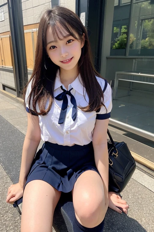 (masterpiece,Highest quality,Ultra-high resolution),Japanese women, A very beautiful 12 year old girl, Born Girl、(Lip gloss)､(Perfect limbs、Perfect Anatomy),((Beautiful Hair))､(((School uniforms)))､cute、pure white、Beautiful Skin、Watery eyes、Sparkling brown hair、The colors and landscapes of youth、Feeling of love、huge 、A shy smile、go to school、School rooftop､morning、Black socks､Loafer shoes