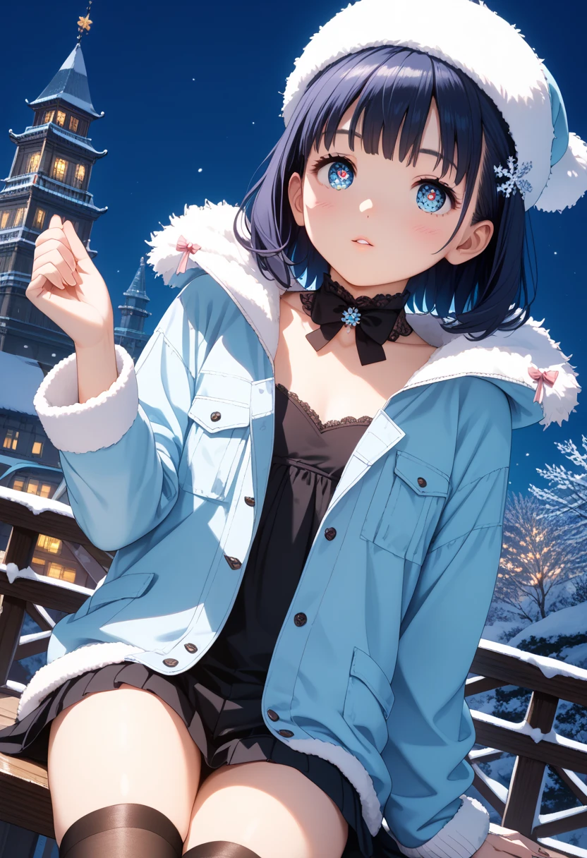((A girl doing bending exercises in front of a snow-covered dome house))、Snowman on background、Stronger bokeh effect