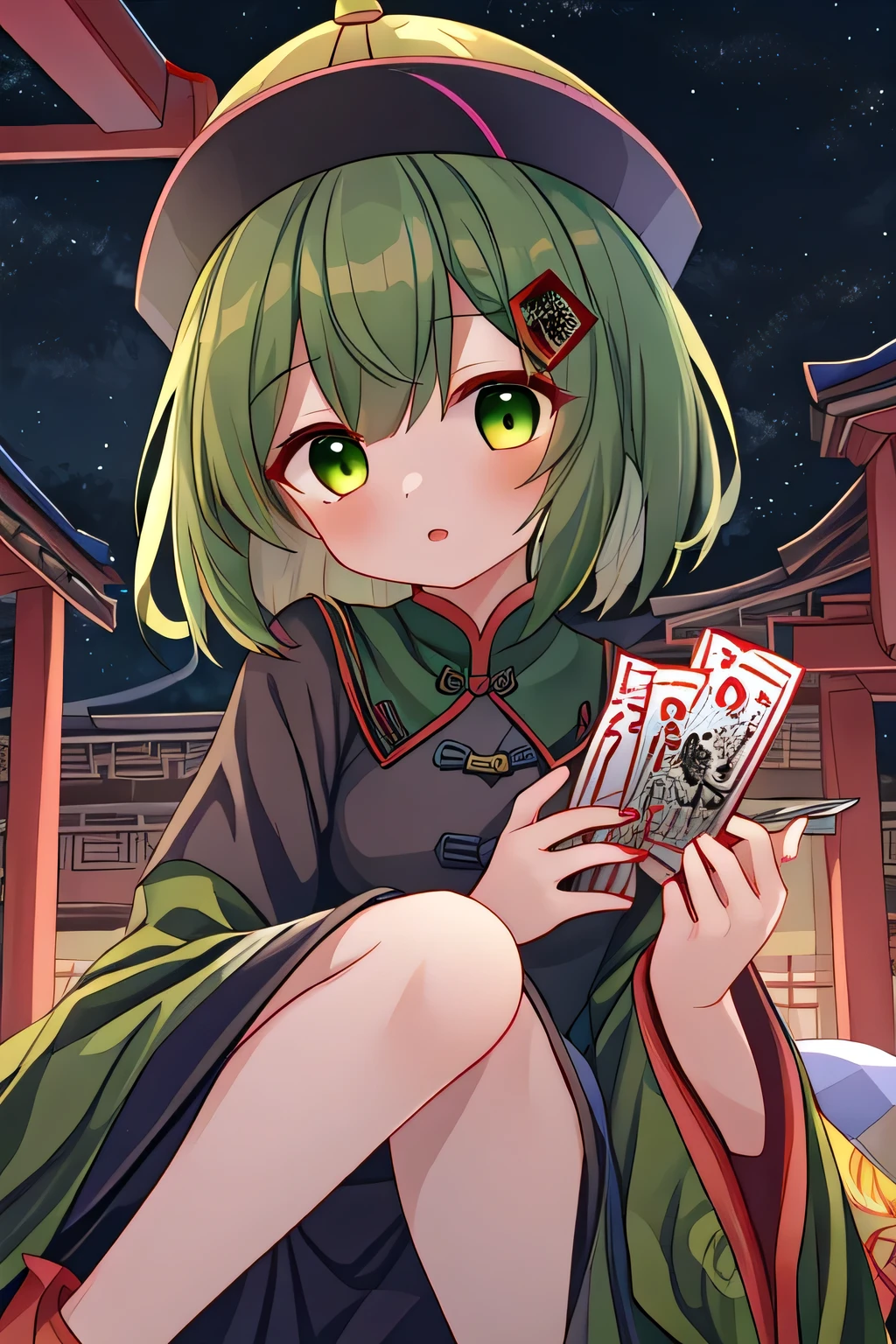 masterpiece, best quality, good quality, newest, 1girl, green hair ,　short hair , jiangshi, qingdai guanmao with a ofuda , in Chinese town, night ,