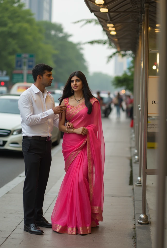 A man  wear kurta touching Indian princess stomach with 1 Indian princess beautiful face with lipstick wear Indian  light  dress full body pose in front of camera realistic masterpiece image. Princess show stomach long leg. Sexy cauple. Hugging and feel cool.Garden view. A man body muscular