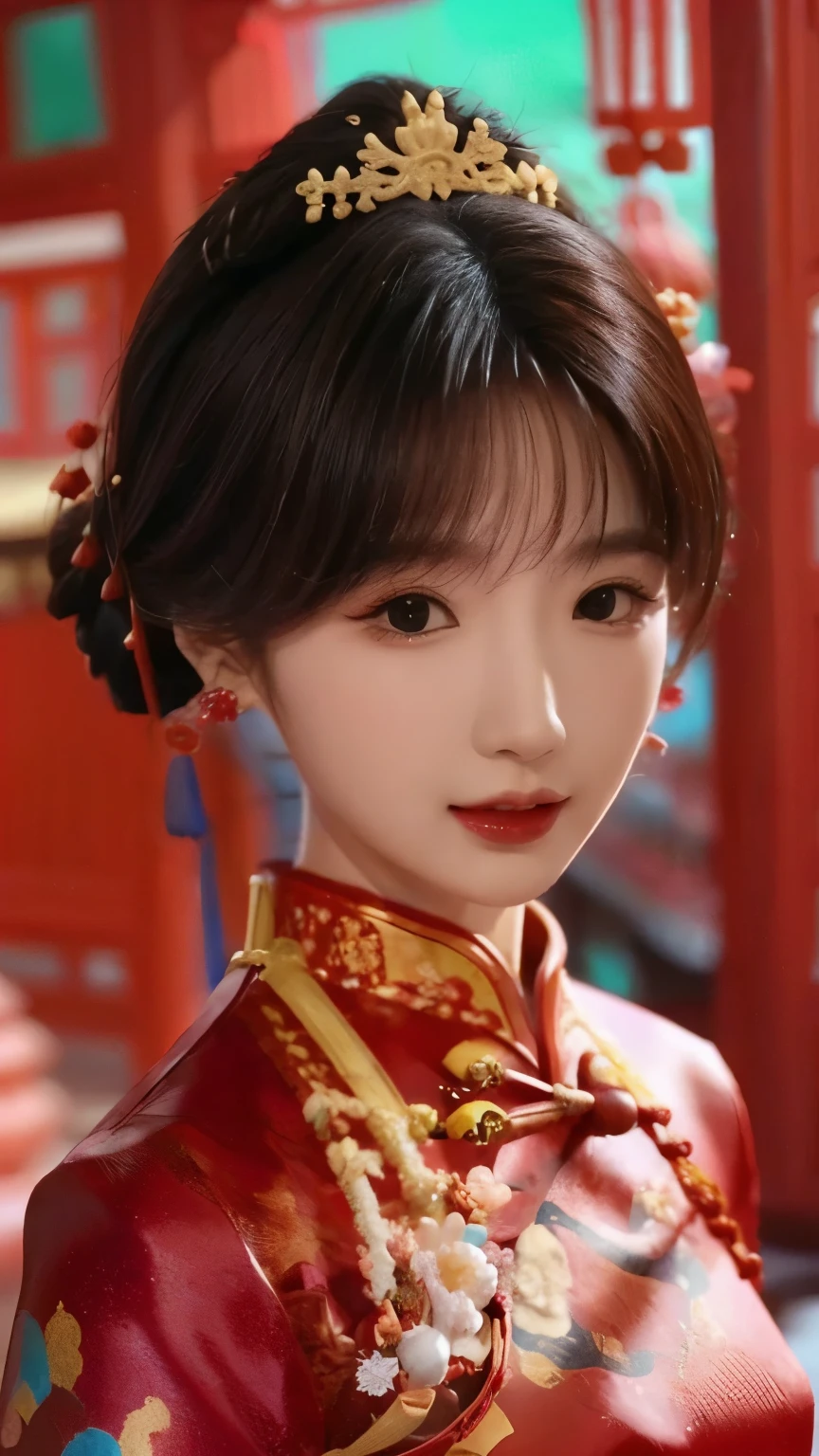 Hanfu，palace，穿Hanfu的女孩，Wearing ancient Chinese clothing，Traditional Chinese Clothing，Ancient Chinese Clothing，Ancient Chinese Princess，Chinese，Shoulder，Beth，( masterpiece),( highest quality:1.1),( Very detailed), BEST ILLUSTRATION , exquisite details ,(portrait:1.1),( intense close-up )，(Extremely delicate and pretty face ），Frontal lobe，Jewelry，Beauty，Lunar New Year Cheongsam ， bangs