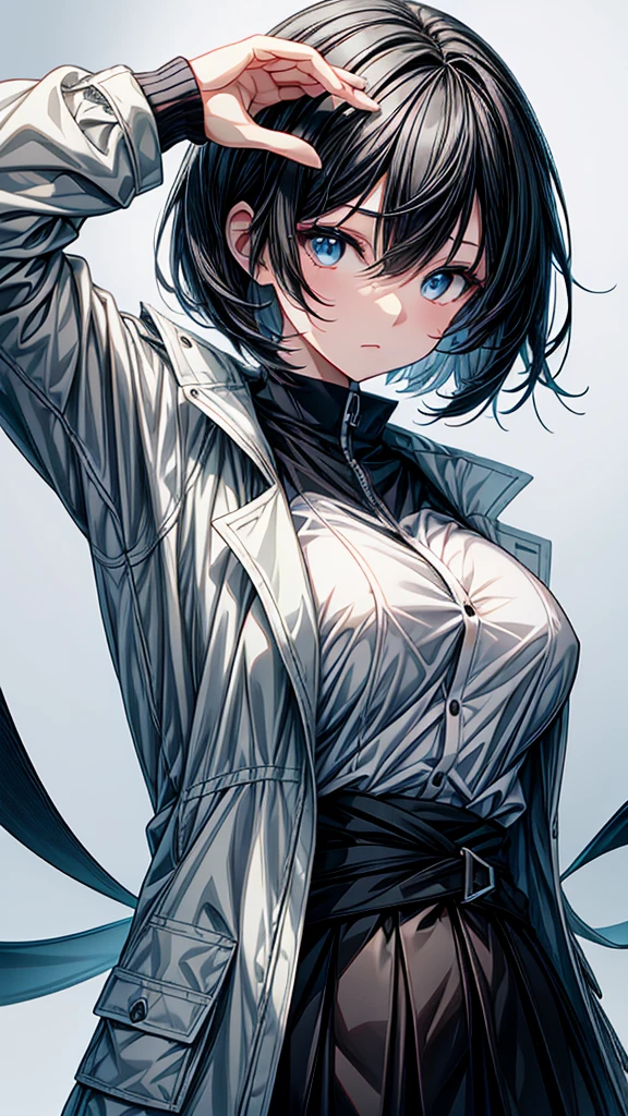 an adult female in an outfit that has black gloves coming out of it, she has her mouth open and her eyes are open wide, 1girl, breasts, solo, blue eyes, black hair, cleavage, looking at viewer, gloves, covered navel, jacket, bodysuit, black bodysuit