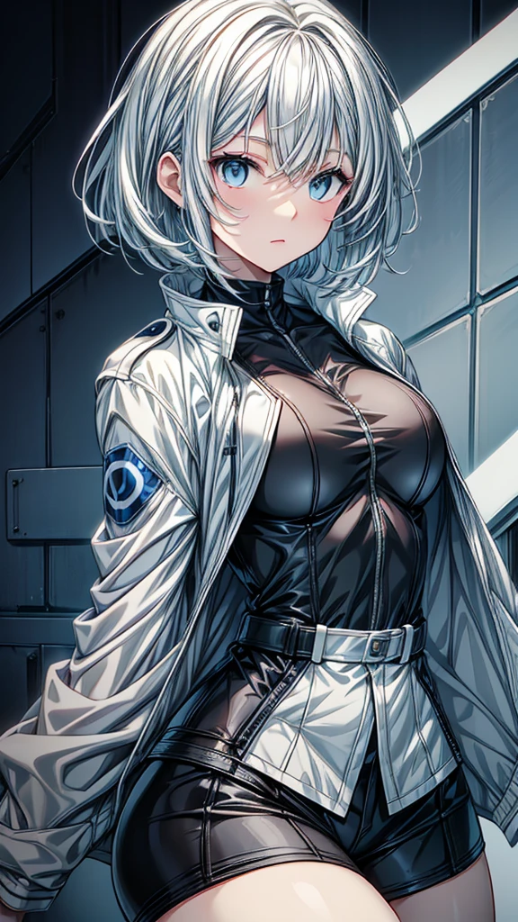1 girl, ((Girl is curvy and slim, attractive and tall)), ((Girl has long silver hair)), ((purple and blue eyes)), ((Girl wears a black latex shirt, white jacket, short white pleated skirt, black stocking)), ((Girl is in the bedroom)), ((Girl is looking at viewer, serious, hands on hips)), 8k, ray tracing, night, zooming out