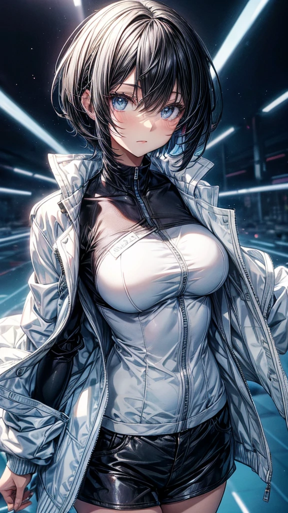 (((One girl))), blond hair, Wavy Hair, bob cut, (cowboy shot), (looking at viewer), ((black naked jacket:1.3, sleeves past wrists)), (((oversized))), cleavage, face in focus, teenager, head tilt:1.3, (((blue eye))), ((sunglasses)), ((happy smile)), ((blush)), contrapposto, one hand on hip, black panties, anime style, (best quality, 4k, 8k, highres, masterpiece:1.2, ultra-detailed, ultra-detailed eyes, HDR, UHD, studio lighting, ultra-fine painting, sharp focus, physically-based rendering, extreme detail description, professional, vivid colors, bokeh)