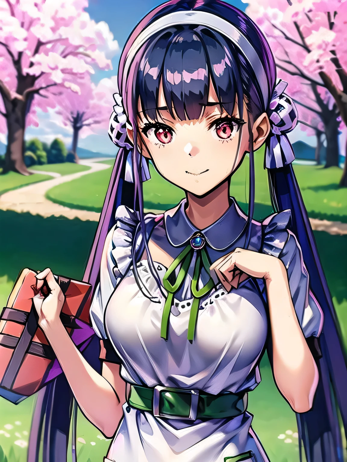 A stunningly beautiful 20-year-old woman stands in a lush green park full of cherry blossoms in full bloom under a clear blue sky. She is wearing a classic sailor uniform and holds a neatly wrapped gift box with a red ribbon in both hands in front of her chest. The box is small, wrapped in decorative paper, and tied with a bow. She looks very happy, with a radiant and joyful expression.A stunningly beautiful 20-year-old woman stands in a lush green park full of cherry blossoms in full bloom under a clear blue sky. She is wearing a classic sailor uniform and holds a neatly wrapped gift box with a red ribbon in both hands in front of her chest. The box is small, wrapped in decorative paper, and tied with a bow. She looks very happy, with a radiant and joyful expression. 長い髪, パープルヘア, ヘアバン, white ヘアバンド, ヘアバンド, ツインテール, レッド・アイズ.