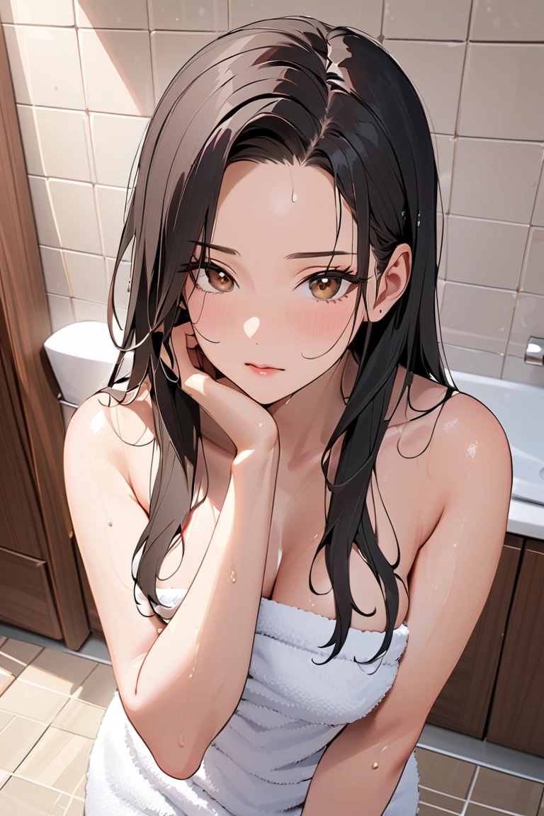 (巨作, Best Quality:1.4), 1girll, view the viewer, (Wavy hair:0.8), Long hair, (on fram), on bath, naked towel, Heavy fog, steams, {Upper body|Cowboy shot}, {night|Morning|dawn}, {Indoors|Outdoors}, {Sitting|standing|Ground},