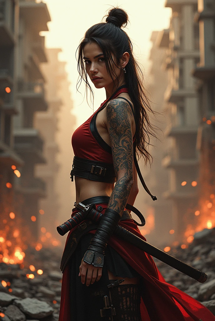 Katniss Everdeen, brown skin, grey eyes, long black hair, as a demon slayer, in the red light district, Soft lighting, in red tones, outdoor, with destroyed buildings in the background, wielding a nichirin katana.