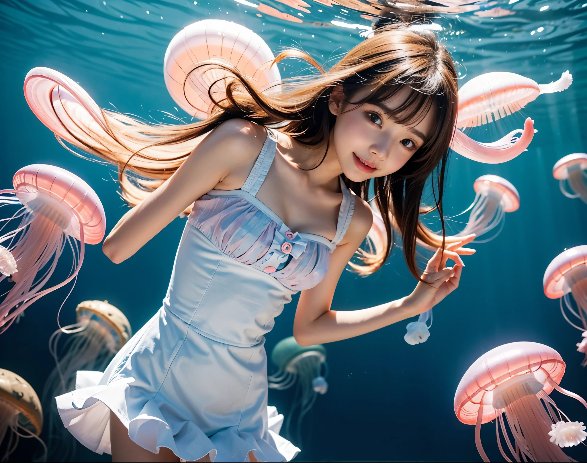 cute girl yeah,flat chest,kawaii,(jellyfish girl:1.2), arms behind back,underwater,frilled dress,