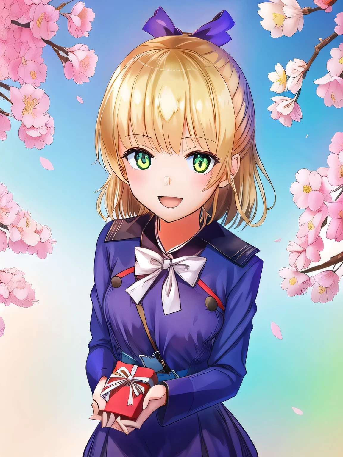A stunningly beautiful 20-year-old woman stands in a lush green park full of cherry blossoms in full bloom under a clear blue sky. She is wearing a classic sailor uniform and holds a neatly wrapped gift box with a red ribbon in both hands in front of her chest. The box is small, wrapped in decorative paper, and tied with a bow. She looks very happy, with a radiant and joyful expression.A stunningly beautiful 20-year-old woman stands in a lush green park full of cherry blossoms in full bloom under a clear blue sky. She is wearing a classic sailor uniform and holds a neatly wrapped gift box with a red ribbon in both hands in front of her chest. The box is small, wrapped in decorative paper, and tied with a bow. She looks very happy, with a radiant and joyful expression.   短いブロンドの髪 , (ヘアリボン:0.4), レッドアイ.