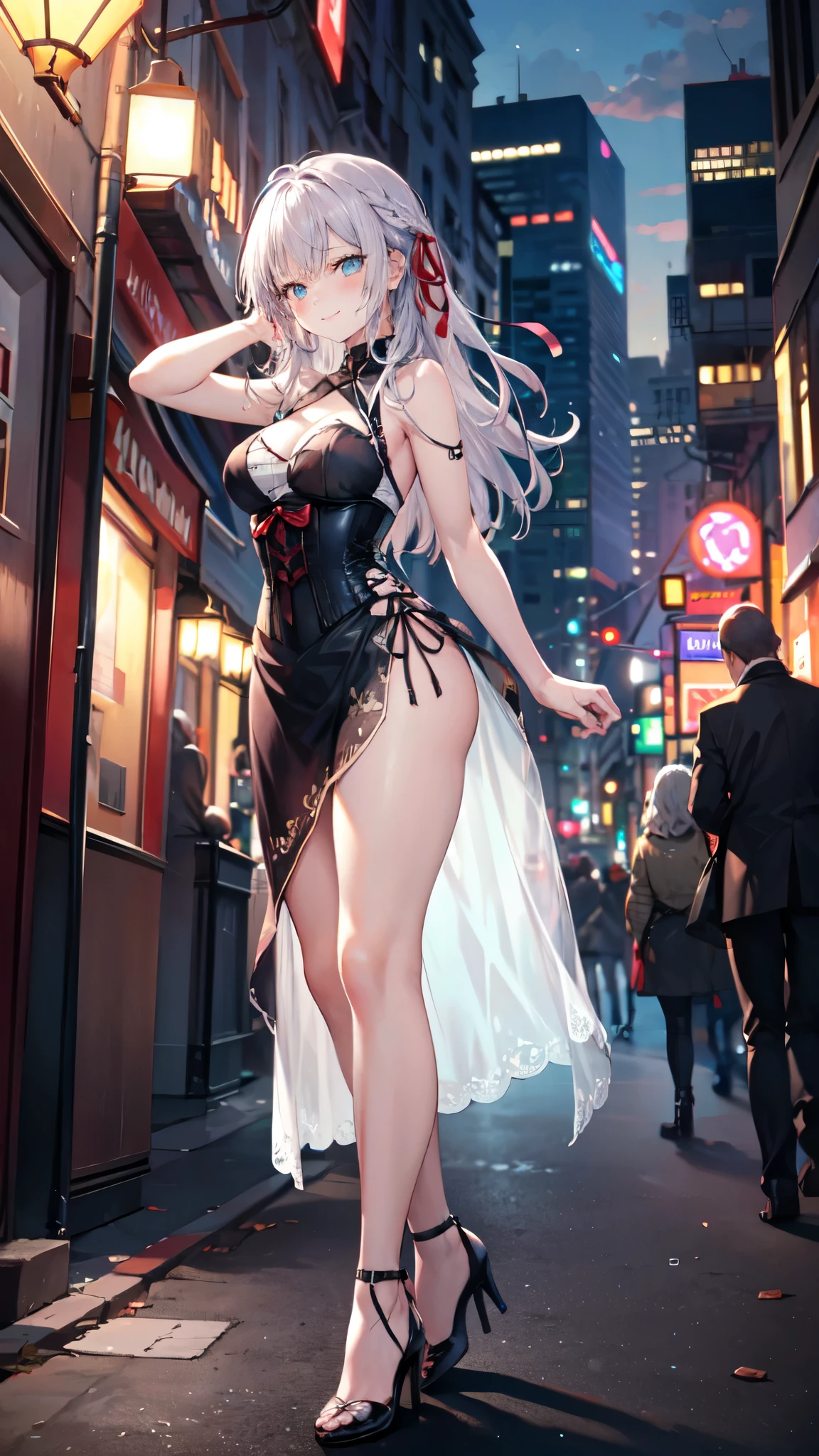 Goddess ((goddess-like woman)), slim, elegant silhouette, masterpiece, (close angle), best quality, pale skin, fair skin, sweet face, (masterpiece: 1.2, best quality), (real image, intricate details), (1 lady, solo, medium tits, small waist, ), ((Jinx/LOL)), beautiful face, kissable lips, very long white hair, slicked back hair, (very long white hair), white hair , VERY LONG HAIR , (very long white hair), perfect makeup, realistic face, detailed red pink eyes, (red pink eyes) bright red pink eyes, very long hair, eyelashes, mouth slightly open, she has an impressive presence, gold bracelet, gold hoop earrings, withe jewelry , beautiful face, beautiful eyes, she is wearing a black Mesh Corset Velvet Dress and black over-the-knee boots, Mesh Corset Velvet Dress, long sleeves, dress, standing, full body, long dress, maroon dress, velvet dress, see-through sleeves, Black over-the-knee boots, sweet irresistible smile, elegant pose, elegant hands, beautiful hands, perfect fingers, background: old town, medieval city, stone houses market place, old stores