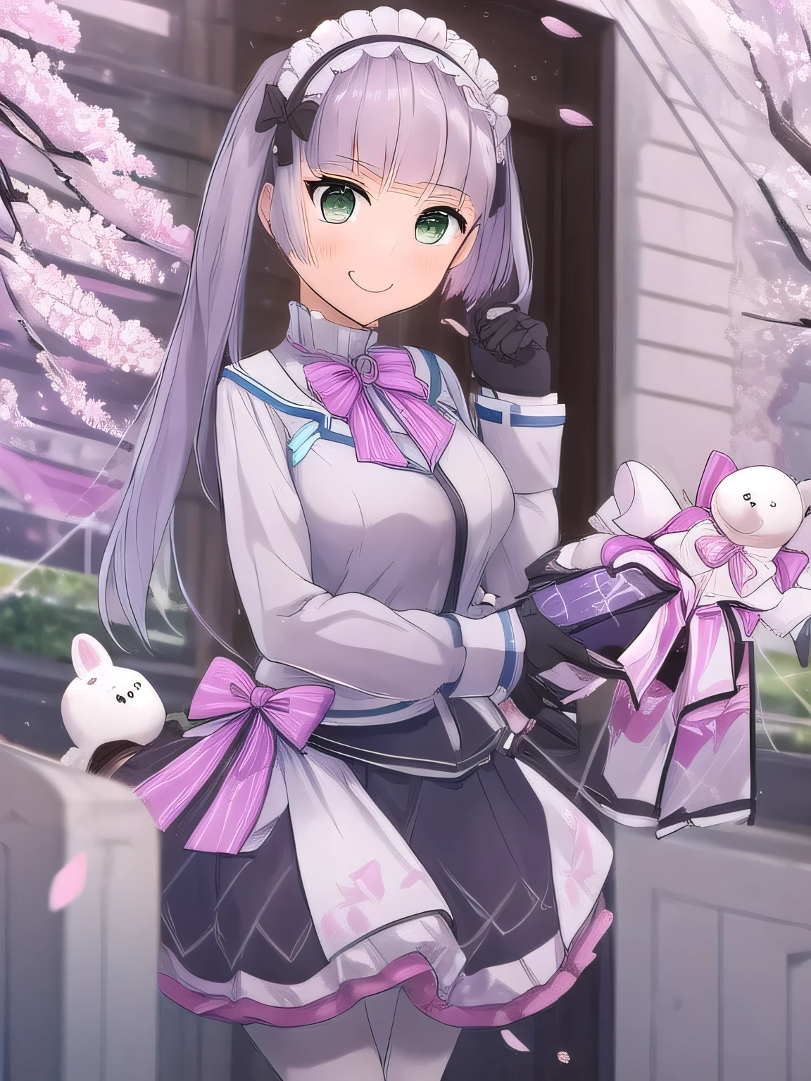 A stunningly beautiful 20-year-old woman stands in a lush green park full of cherry blossoms in full bloom under a clear blue sky. She is wearing a classic sailor uniform and holds a neatly wrapped gift box with a red ribbon in both hands in front of her chest. The box is small, wrapped in decorative paper, and tied with a bow. She looks very happy, with a radiant and joyful expression.A stunningly beautiful 20-year-old woman stands in a lush green park full of cherry blossoms in full bloom under a clear blue sky. She is wearing a classic sailor uniform and holds a neatly wrapped gift box with a red ribbon in both hands in front of her chest. The box is small, wrapped in decorative paper, and tied with a bow. She looks very happy, with a radiant and joyful expression. green eyes ,Gray Hair,  maid headdress, smile.