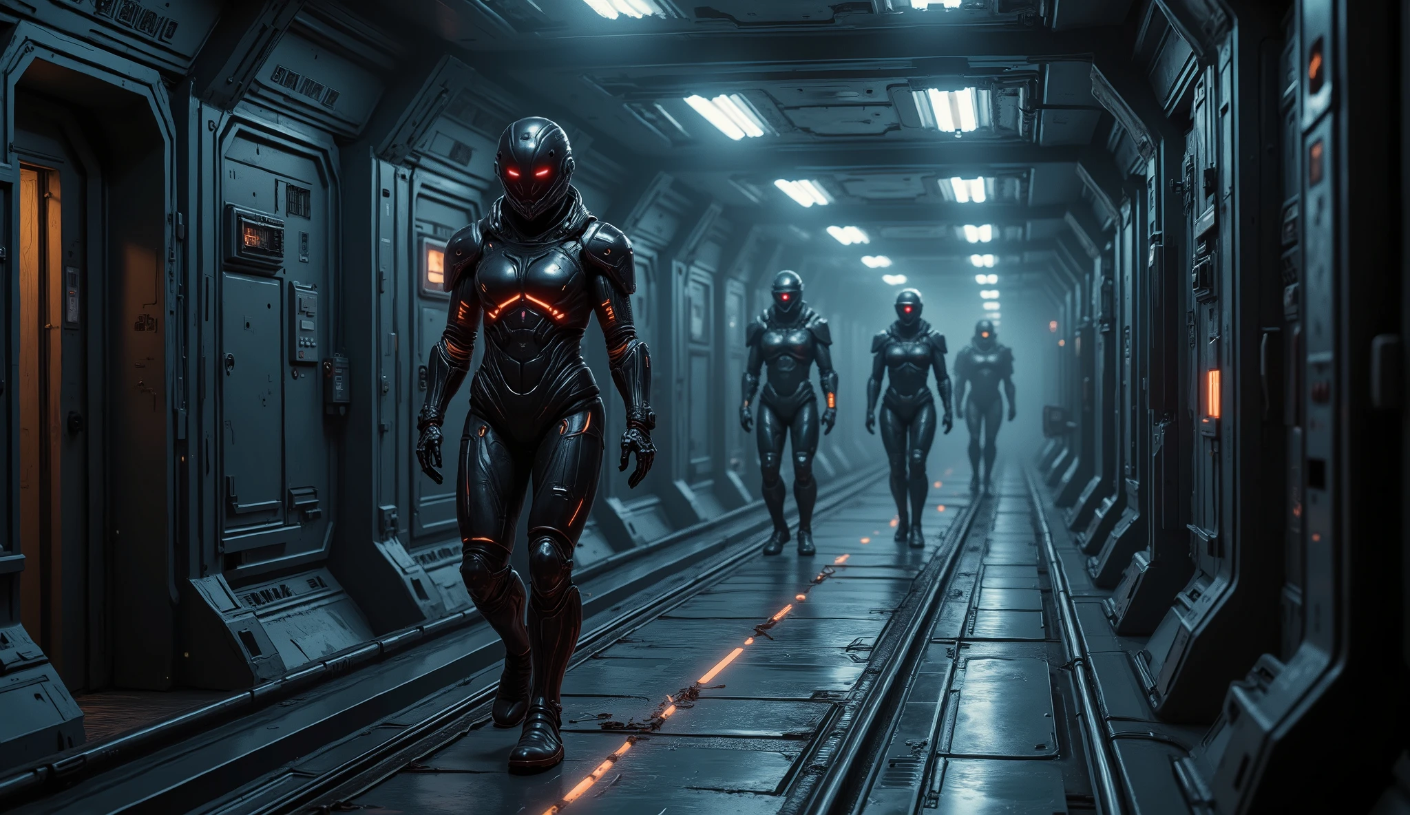 Deep within the metallic corridors of the **Imperium Juggernaut**, shadows ripple unnaturally as three figures move in near silence. Elara Voss, Captain Doran, and Dr. Mira navigate the dimly lit passageways, their forms barely visible under the flickering light panels overhead. Their stealth suits shimmer like liquid metal, adjusting to match the environment in real time.
The corridor is lined with surveillance drones—black, insect-like machines hovering soundlessly, their glowing red optics scanning every movement. Thin beams of security lasers crisscross the hallway, shifting in unpredictable patterns.
Elara raises her hand, signaling a stop. She studies the pattern of the lasers, then swiftly deactivates the grav-locks on her boots, floating just above the floor. Doran follows, his mechanical gloves adjusting his trajectory with precision. Mira lags slightly, recalibrating the suit’s camouflage field before gliding forward.
They move like ghosts through the belly of the beast—silent, unseen, yet dangerously close to discovery.
Style: Hard Sci-Fi, Cybernetic Stealth Tech, Cinematic, High Detail
Lighting: Dark corridors, flickering neon panels, glowing red drone optics
Resolution: 4K, Hyper-detailed, Realistic Space Art, Tension-Filled Atmosphere