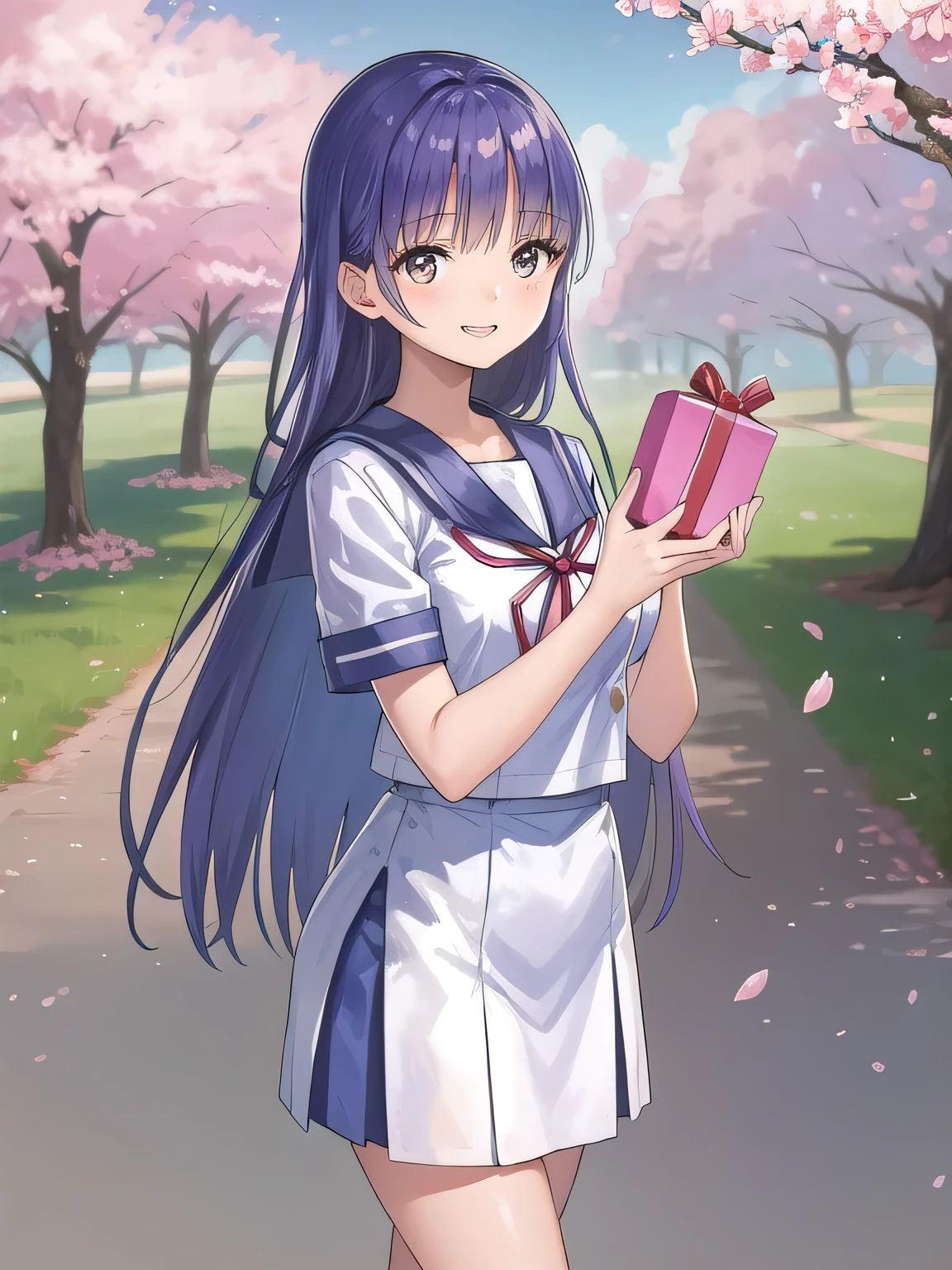 A stunningly beautiful 20-year-old woman stands in a lush green park full of cherry blossoms in full bloom under a clear blue sky. She is wearing a classic sailor uniform and holds a neatly wrapped gift box with a red ribbon in both hands in front of her chest. The box is small, wrapped in decorative paper, and tied with a bow. She looks very happy, with a radiant and joyful expression.A stunningly beautiful 20-year-old woman stands in a lush green park full of cherry blossoms in full bloom under a clear blue sky. She is wearing a classic sailor uniform and holds a neatly wrapped gift box with a red ribbon in both hands in front of her chest. The box is small, wrapped in decorative paper, and tied with a bow. She looks very happy, with a radiant and joyful expression. very long hair,bangs.