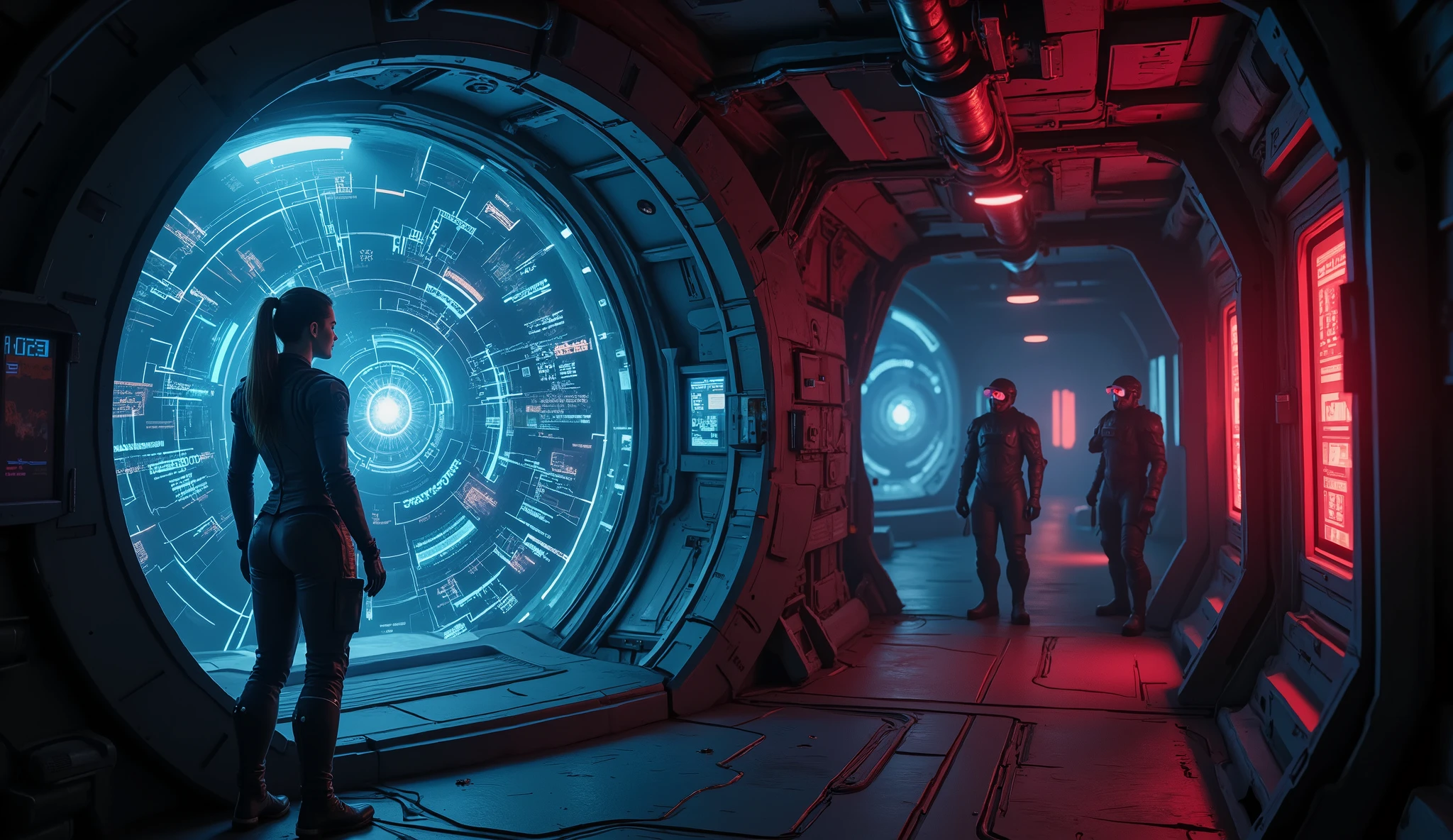 Inside the dimly lit control chamber, holographic code streams across the air as Dr. Mira's fingers dance over her wrist-mounted interface. A translucent blue light emanates from the floating projections, reflecting off the metallic walls of the Imperium Juggernaut’s inner core. Her visor flashes with cascading data as she navigates layers of encrypted firewalls, bypassing security protocols with unmatched precision.  

Elara and Doran stand guard at the entrance, their weapons primed. The silence is heavy—too heavy. Each second that passes feels like an eternity.  

Then, a single sharp beep.  

The holographic display glitches for a fraction of a second. Mira's eyes widen.  

The alarm system **reactivates itself**—a fail-safe embedded deep within the Imperium’s defense matrix. **Red emergency lights flood the room.** A mechanical voice echoes through the ship:  

**“UNAUTHORIZED ACCESS DETECTED. SECURITY PROTOCOLS ENGAGED.”**  

A hiss of pressurized air. **Doors slam shut.** The hum of energy weapons charging up fills the chamber. From the far end of the hallway, black-armored **Imperium guards** move in—rifles raised, visors glowing ominous red. **They are not here to take prisoners.**  

Style: Hard Sci-Fi, High-Tech Hacking, Cinematic, High Detail  
Lighting: Dark room, flashing red alarm lights, neon holographic projections  
Resolution: 4K, Hyper-detailed, Realistic Space Art, Suspenseful Atmosphere  

