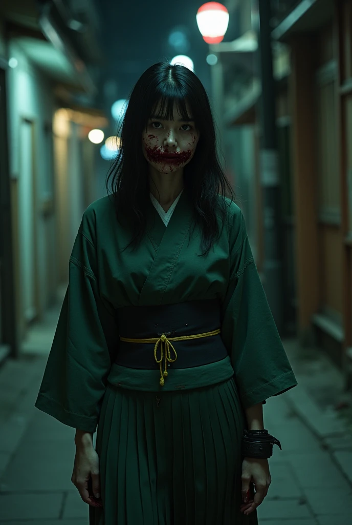 Visual Elements**: An illustration or graphic of a shadowy figure of Kuchisake-onna standing at the end of a foggy alleyway, holding a knife.
- **Background**: The alleyway should be dark and foggy, with the figure prominently featured in the foreground.
- **Color Scheme**: Grayscale with red accents to highlight the figure.