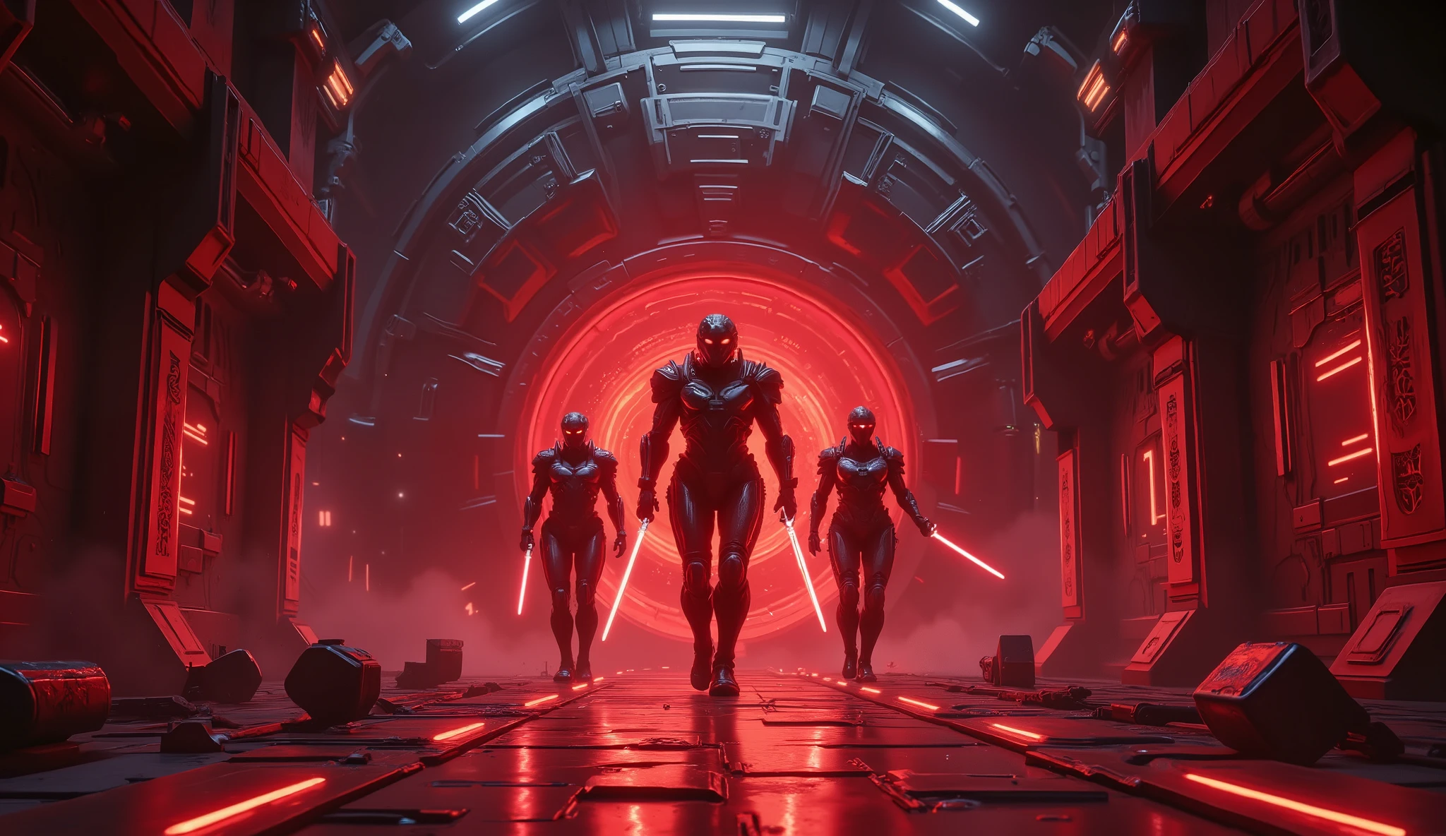 Elara sprints down the final corridor, her **breath steady but heart pounding**. The **massive reinforced doors** to the **reactor core** stand before her—tall, menacing, glowing with intricate red energy veins. This is the heart of Kael Draven’s war machine.
Doran and Mira catch up behind her, weapons raised, scanning for threats.
Then—**a deep metallic hiss.**
From the shadows, **two heavily armored Imperium Guardians** step forward, their obsidian exosuits gleaming under the pulsating reactor light. Their **visors glow an eerie crimson**, and in their hands—**energy blades hum to life.**
**Kael's voice echoes through the comms.**
📡 **KAEL:** *“Did you really think I wouldn’t prepare for you, Elara? You are predictable. And predictability is weakness.”*
The Guardians charge.
Elara **dodges sideways**, barely evading a **deadly slash** as the **blade carves into the metal wall** beside her, leaving behind molten streaks. Doran fires—**but the plasma shots deflect harmlessly** against their energy shields.
Mira frantically works on her wrist console, trying to disable the defenses, but **the system is locked down**.
Elara clenches her jaw. **There’s no other way. They have to fight their way through.**
Style: Hard Sci-Fi, High-Stakes Combat, Cinematic, High Detail
Lighting: Pulsing red reactor glow, shadows stretching across the metallic walls, glowing energy blades
Resolution: 4K, Hyper-detailed, Realistic Space Art, Intense Battle Atmosphere